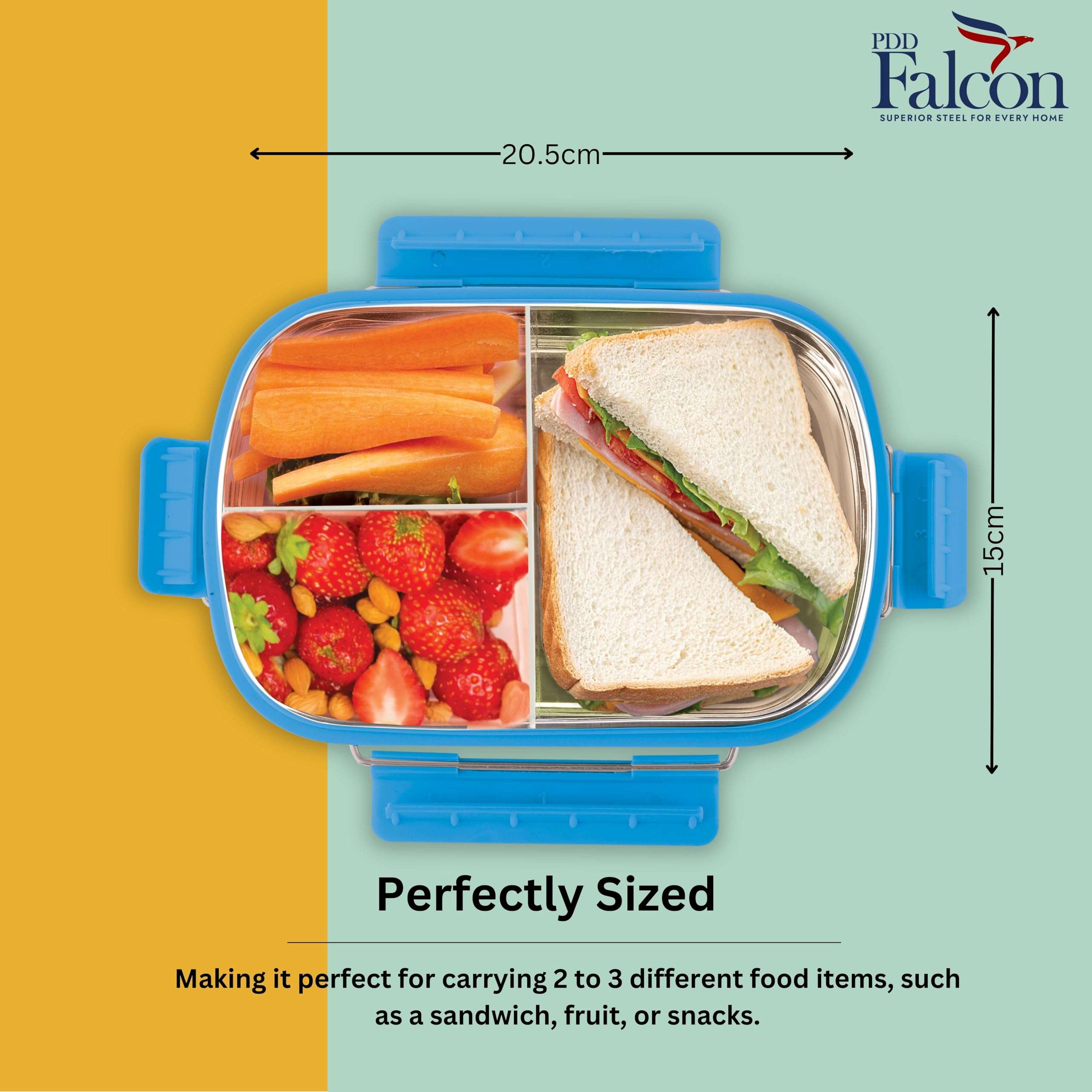 PDDFALCON Stainless Steel Munch Trio Lunch Box with 3 Compartment, 100% Leak-Proof, BIS Certified, Jindal Seal & Made in India Bento Box - 750ml (Turkish Blue) (Not Leakproof Internally) 4