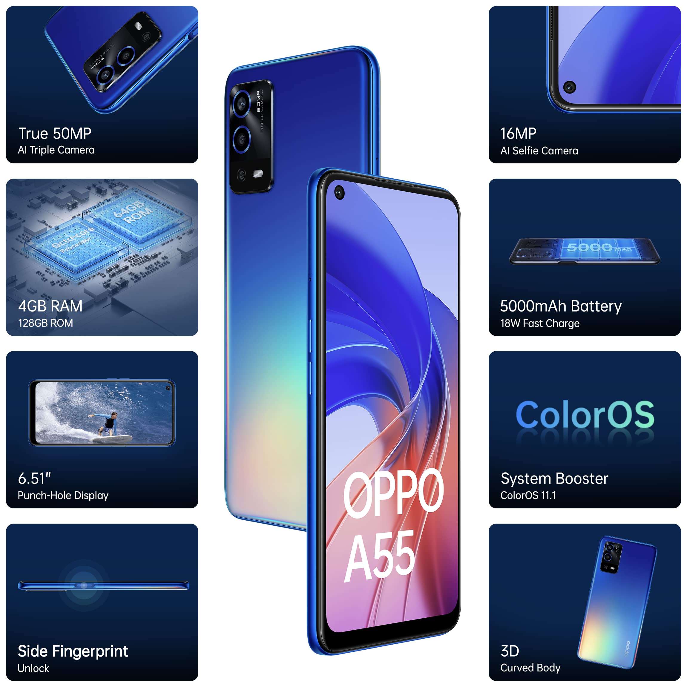 Oppo A55 (Rainbow Blue, 4GB RAM, 128GB Storage) | 5000mAh Battery | 50MP AI Camera | 18W Fast Charging | with No Cost EMI/Additional Exchange Offers 3