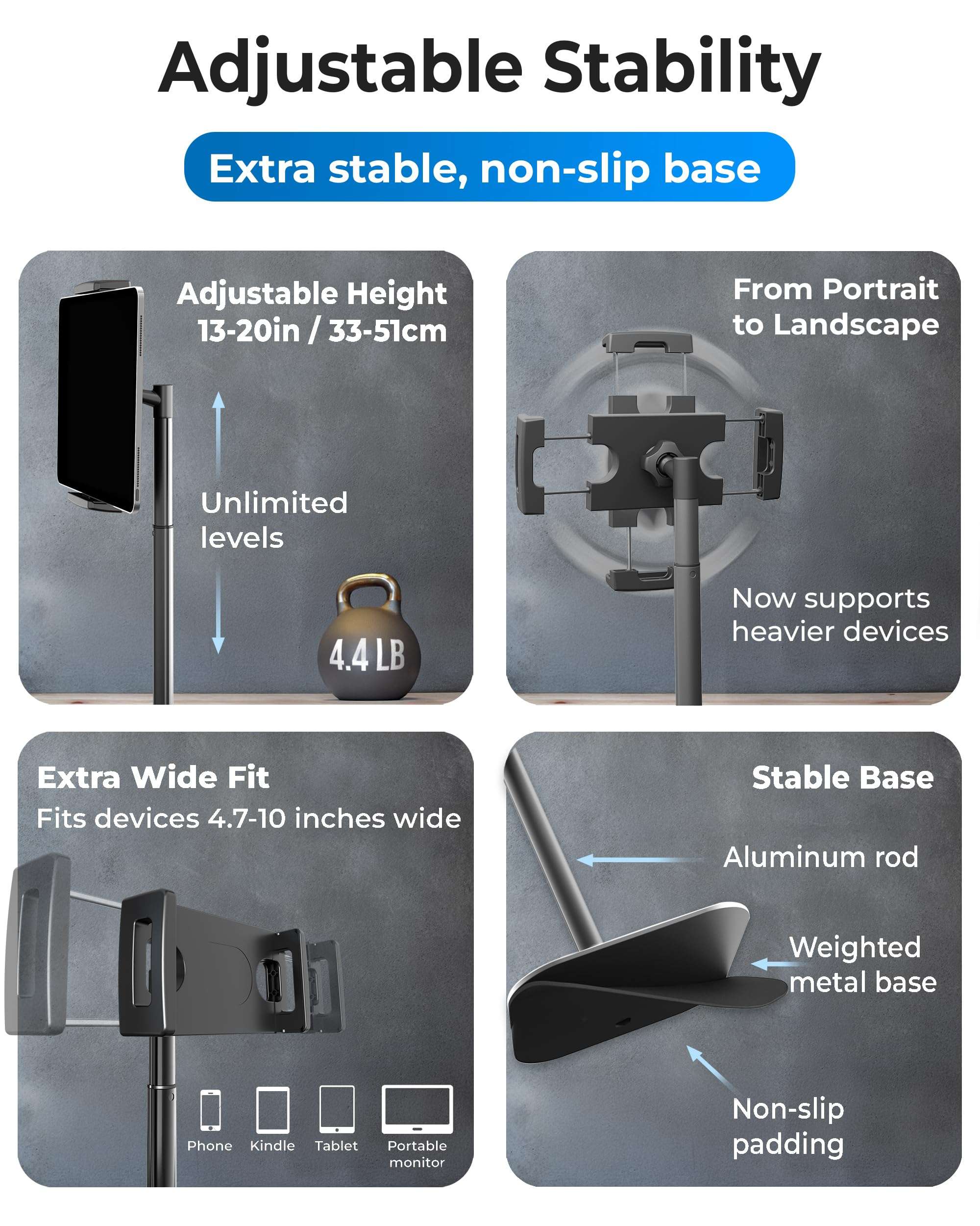 COOPER TabStand, 20" Tall iPad Stand for Desk, Portable Monitor Holder up to 17" Holds 4.4lb, Desktop Tablet Stand, Tablet Mount, Apple iPad Holder for Desk, for Samsung, Kindle, Fire (Night Black) 5