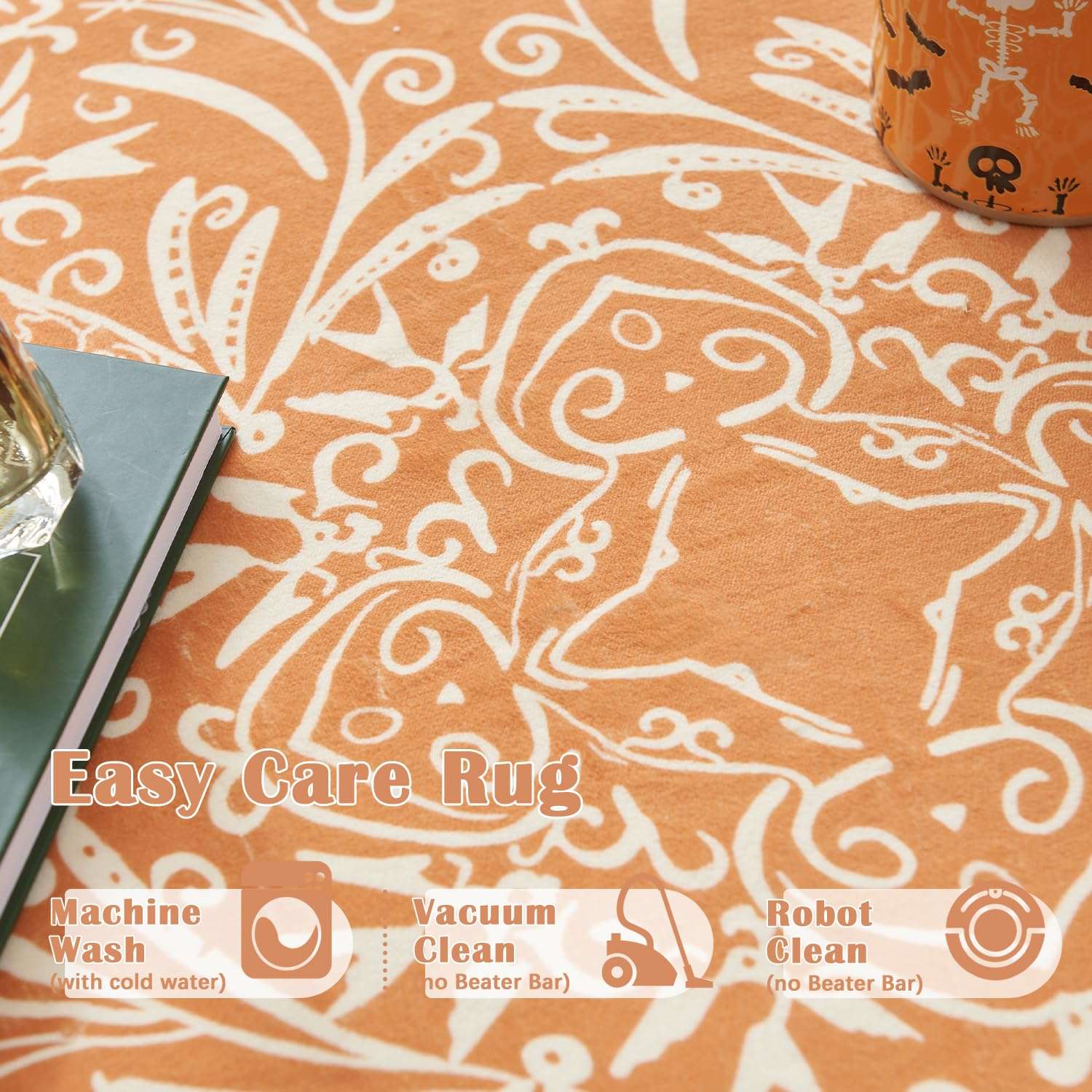 Jinchan Halloween Accent Rug - 2x5 Foldable Soft Indoor/Outdoor Vintage Dark Orange Print Floral Retro Carpet Mat for Kitchen, Living Room, Bedroom 5