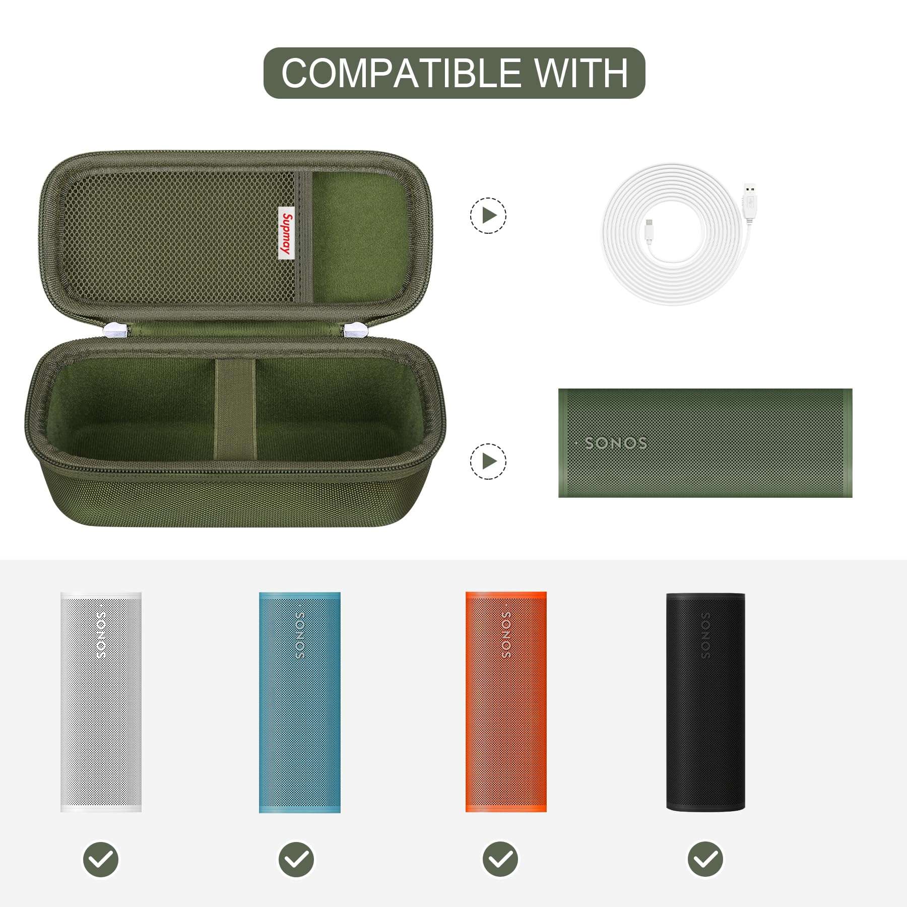 Supmay Hard Carrying Case for Sonos Roam 2/ Sonos Roam Portable Waterproof Bluetooth Speaker, Wireless Portable Speaker Protection Case with Mesh Pocket for USB-C Cable, Green 3
