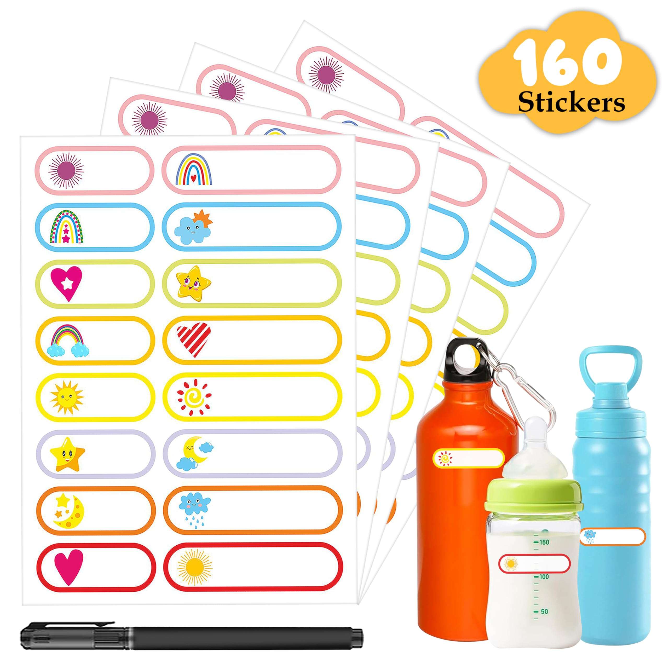 GLUN Waterproof Name Stickers, 160 Durable Labels (10 Sheets) for Baby, Kids Bottles, Lunch, Kitchen & Pantry Reusable Self-Adhesive Stickers Pack of 1, 160 Labels 1