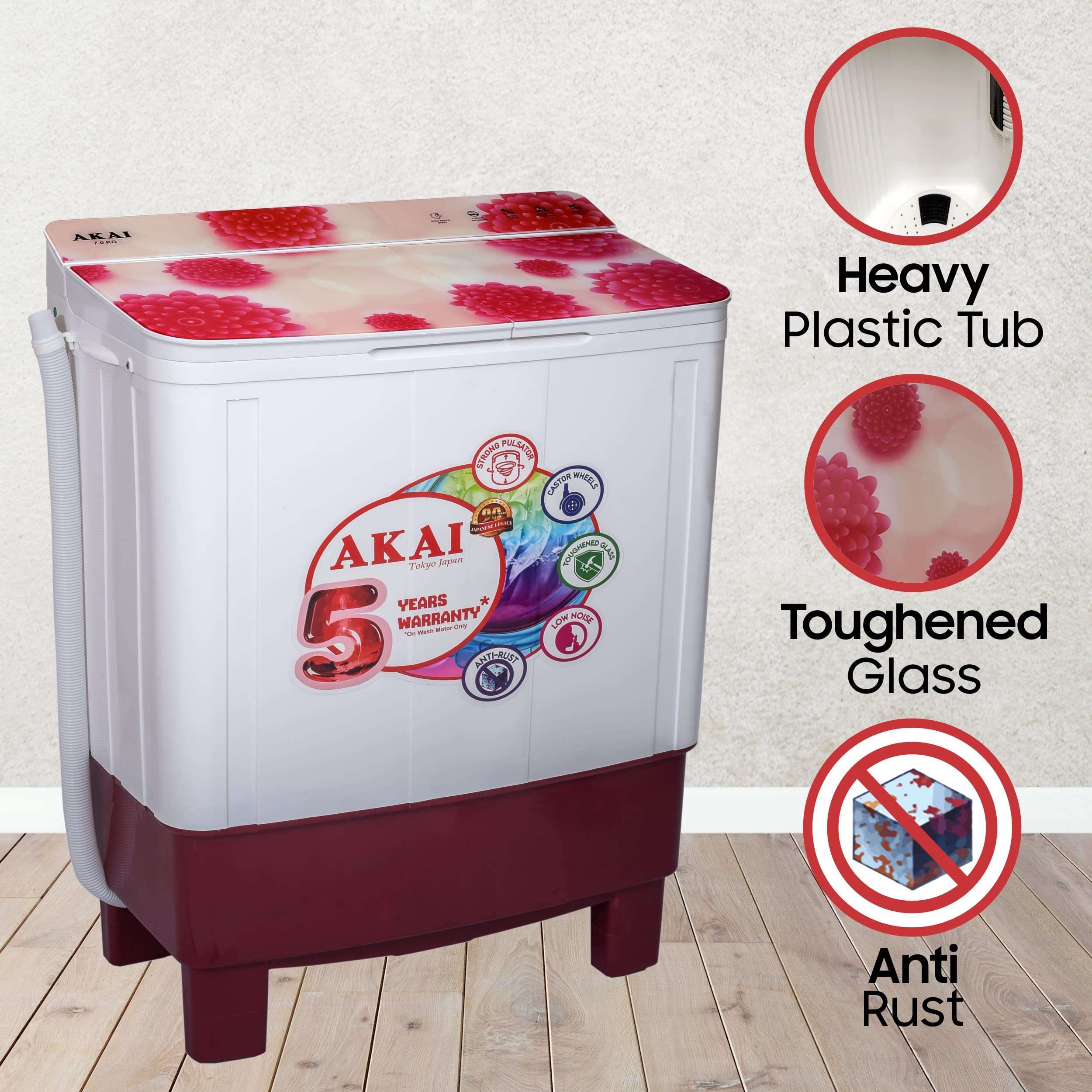 Akai 7 kg Semi-Automatic Top Loading Washing Machine (AKSA-70CRFG, Red, Toughened Glass Lids) 3
