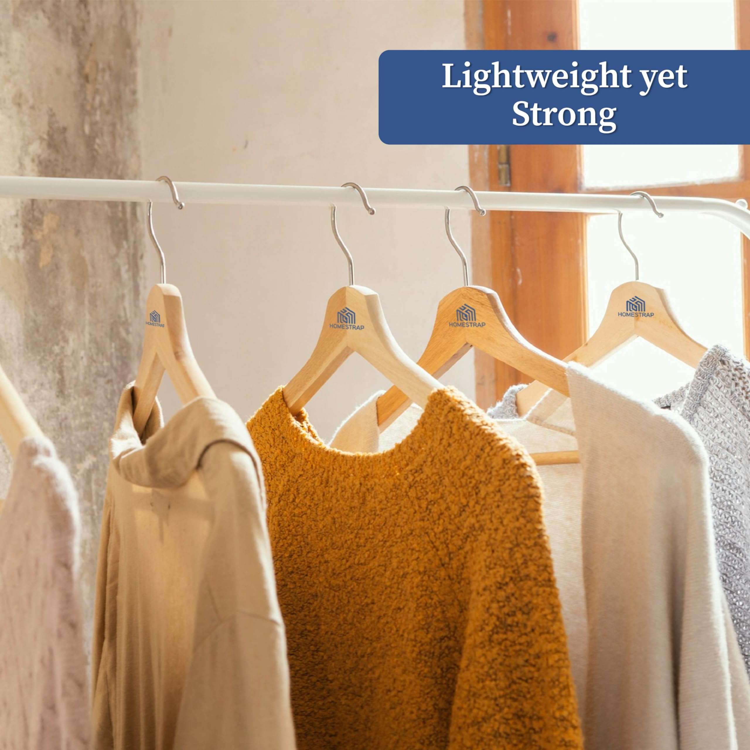 Homestrap Premium Round Bar Wooden Hanger (Pack of 6)| Durable Wooden Garment Hangers with Cut Notches & 360 Degree Swivel Chrome Hook for Hanging Heavy Clothes 4