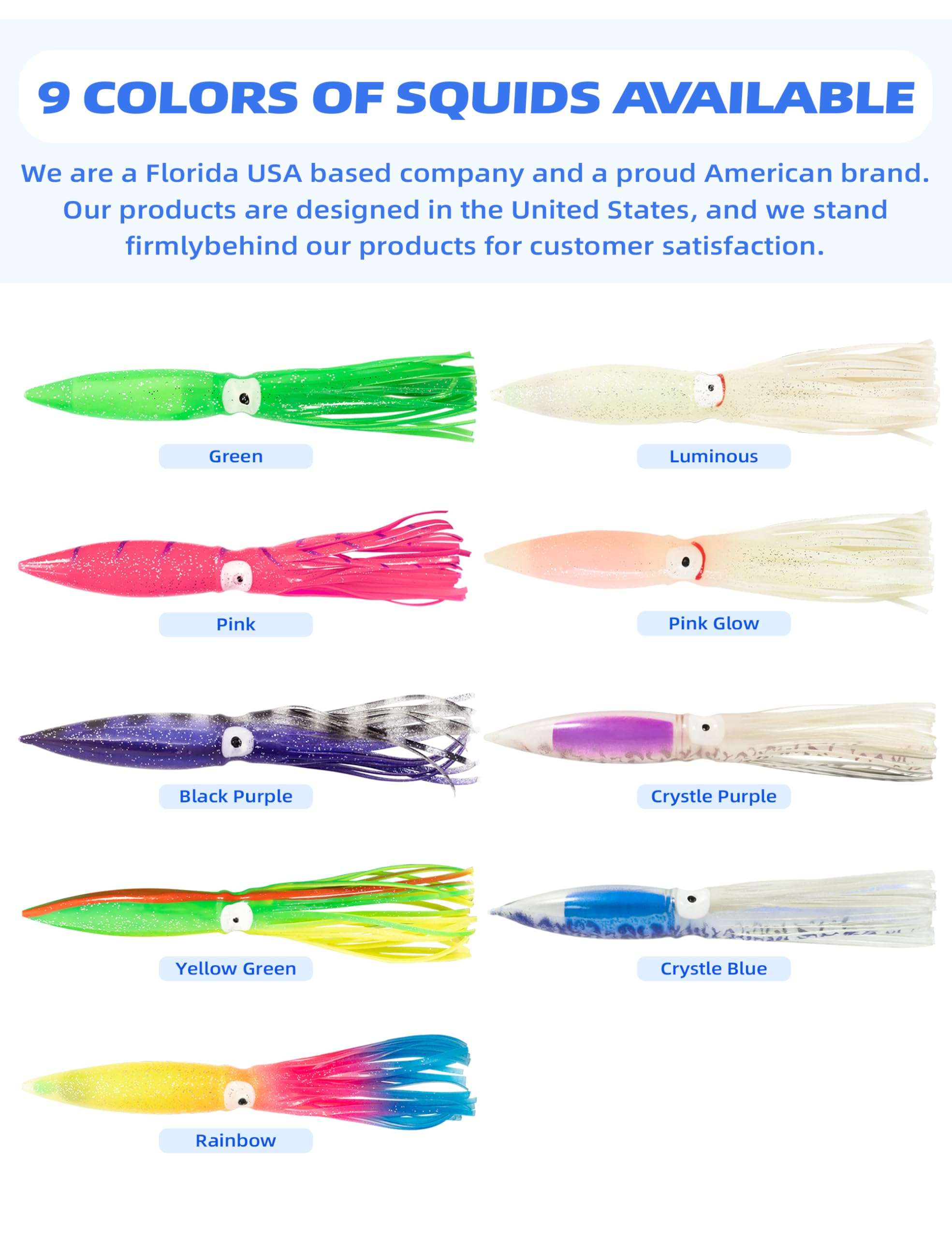 BLUEWING 18" Upgraded Fishing Spreader Bar Formation with 9" Floating Squids and 316 Stainless Steel Rod Offshore Spreader Bar for Wahoo Tuna Marlin Mahi Mahi, Luminous 5