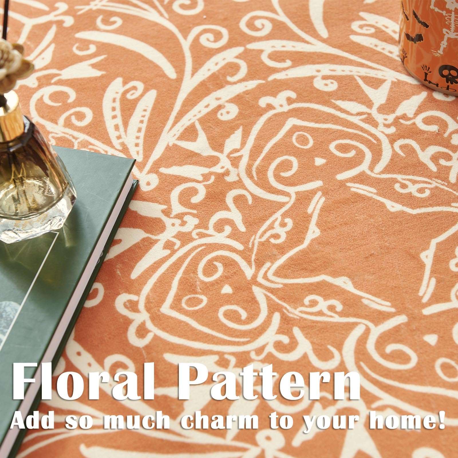 Jinchan Halloween Accent Rug - 2x5 Foldable Soft Indoor/Outdoor Vintage Dark Orange Print Floral Retro Carpet Mat for Kitchen, Living Room, Bedroom 3