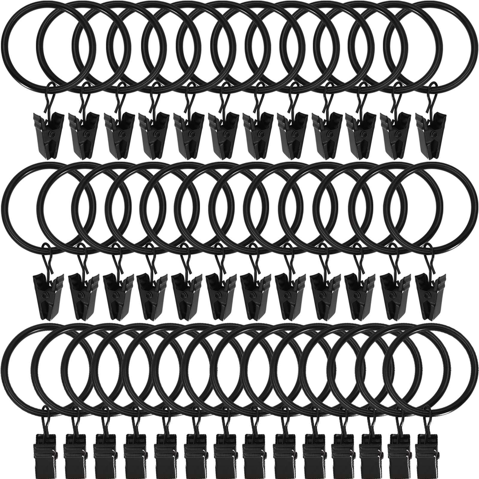 WeeksEight 44 Pack Black Curtain Rings with Clips, Curtain Hooks Hangers Clip Rings for Hanging Drapes Bows Hat, Drapery Rings 1 in I D, Fits up to 5/8 in Diameter Curtain Rod.