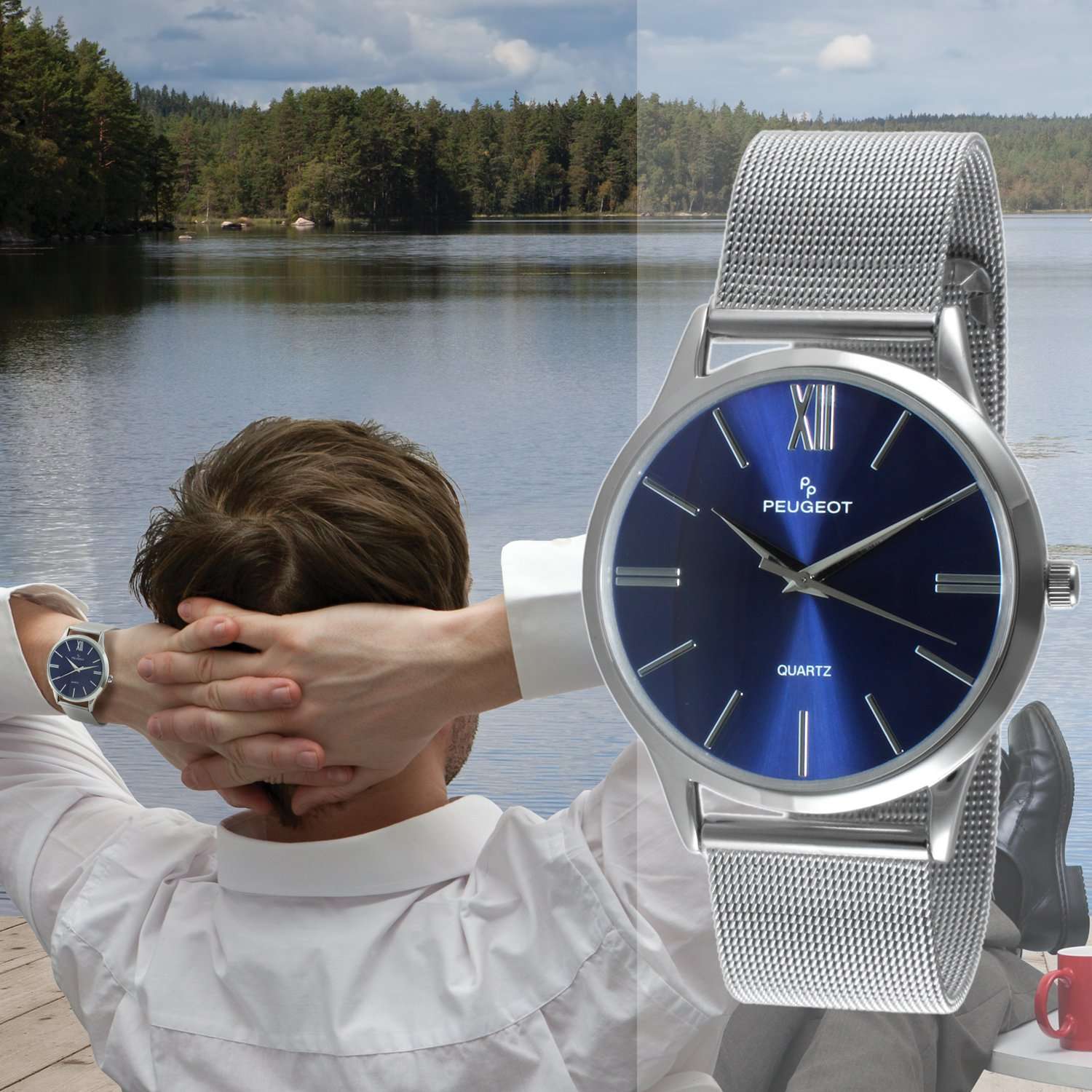 Peugeot Men's Stainless Steel Slim Case Watch with Mesh Band - Blue Dial 2