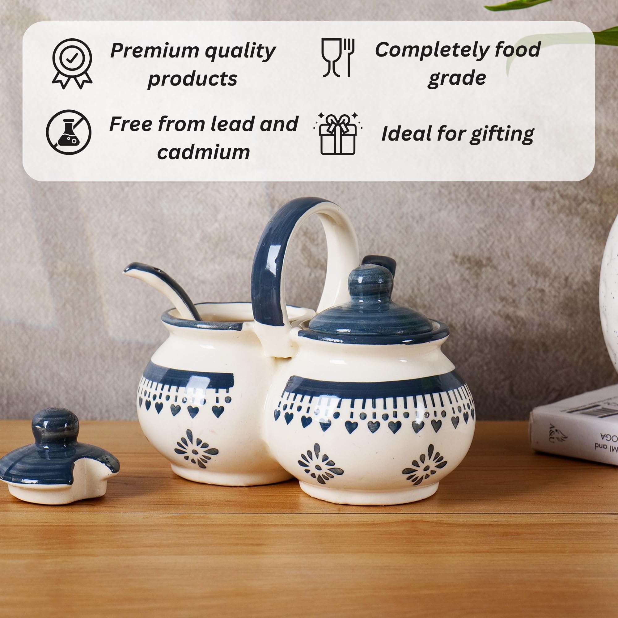 Niyara Multipurpose Storage Ceramic Pickle set Jars & with Lid & tray (Set of 2, 300 ML) (Grey flower design) 5