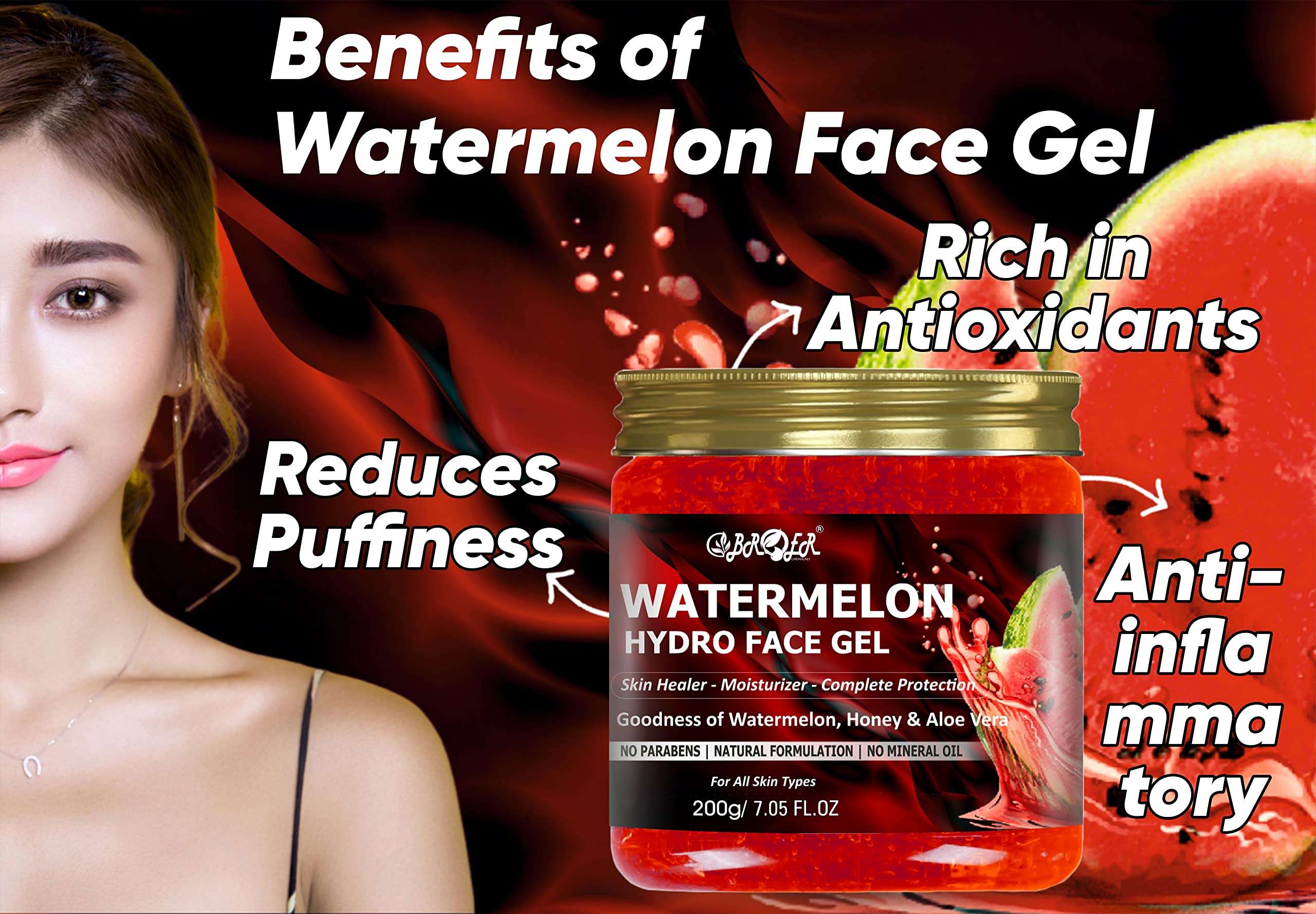 BROER Watermelon Hydro Face Gel With Honey Extract & Aloe Vera Extract For All Skin Types | Paraben Free, Sulphate Free 200gm 3
