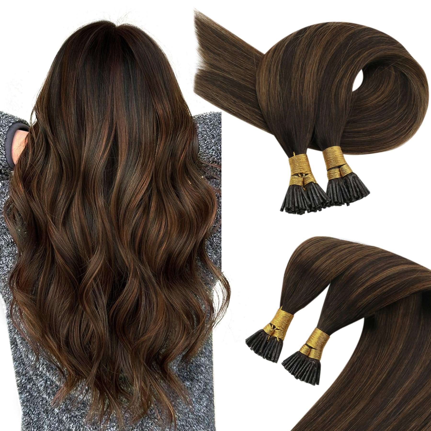 [Sunny & Ve Sunny]Sunny Itip Hair Extensions Dark Brown Balayage Medium Brown with Highlight Bundle with Ve Sunny Ponytail Hair Extensions Same Color 16inch 1
