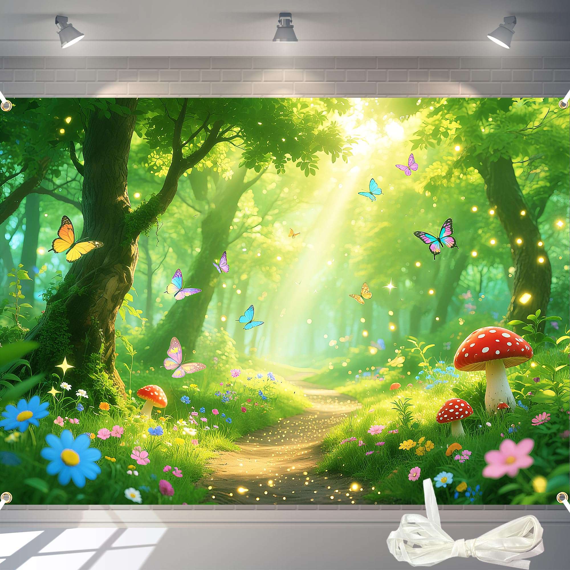 7x5FT Enchanted Forest Backdrop with 19.68FT Ribbon - Magic Fairy Garden Photography Background for Party, Birthday Decor, Spring Photo Booth Props 1