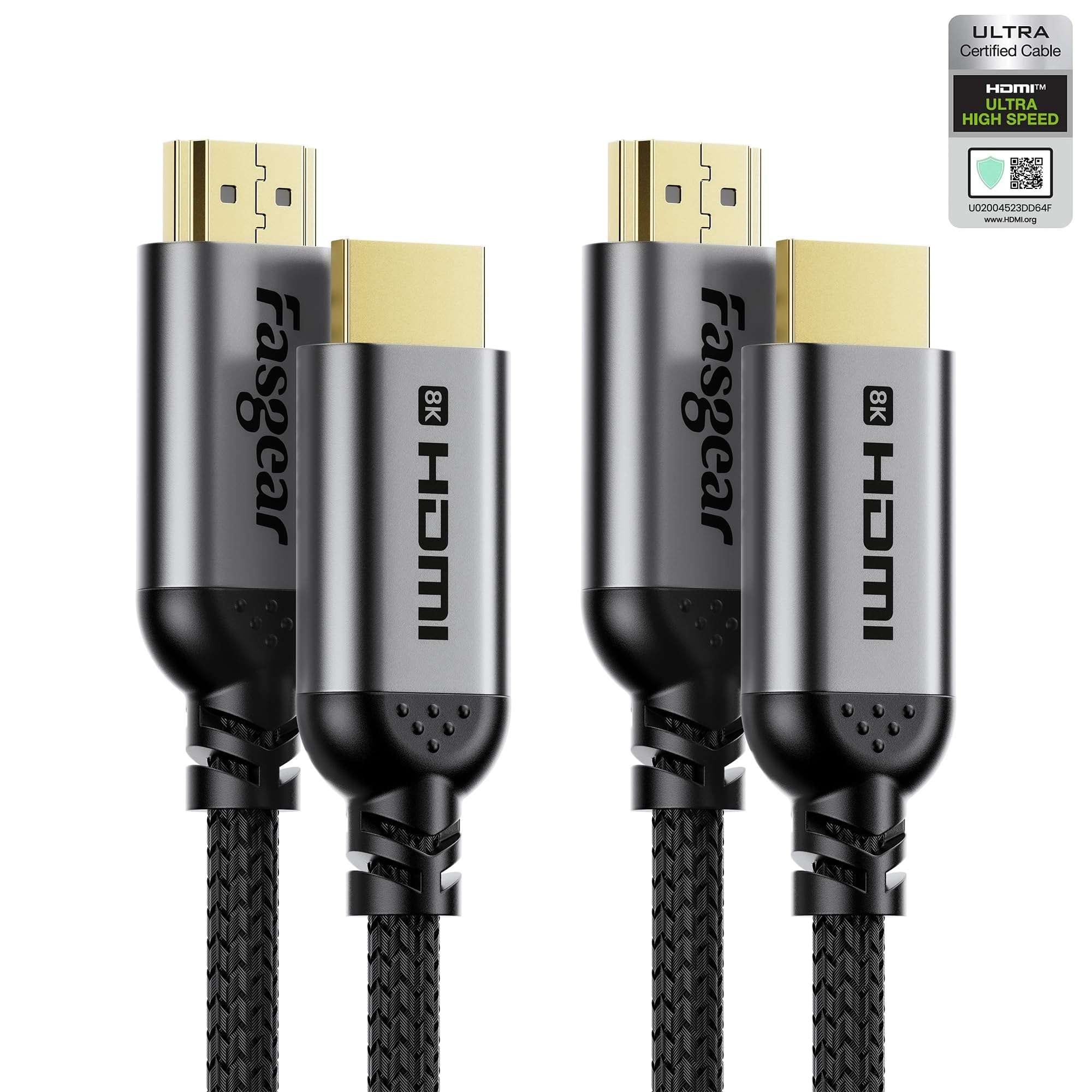 Fasgear HDMI 2.1 Cable 10ft 2Pack Certified 8K HDMI Cable 48Gbps High Speed HDMI Cord Braided 8K@60Hz 4K@120Hz HDCP 2.3 Support eARC HDR10 3D Dolby Compatible for Roku TV/Monitor/Laptop/Blu-ray Black