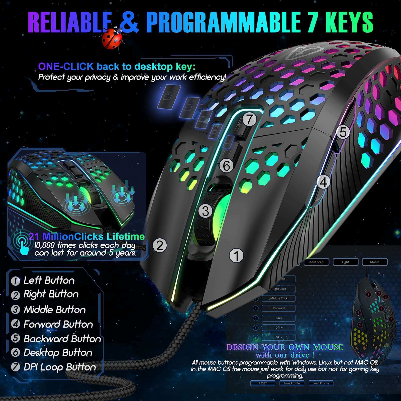 targeal Ergonomic Gaming Mouse - USB Wired Computer Gamer Mice with 8000 DPI Adjustable/Customizable Buttons/RGB Backlit - for Windows 7/8/10/XP, Vista, Linux, PC/Mac/Laptop 4