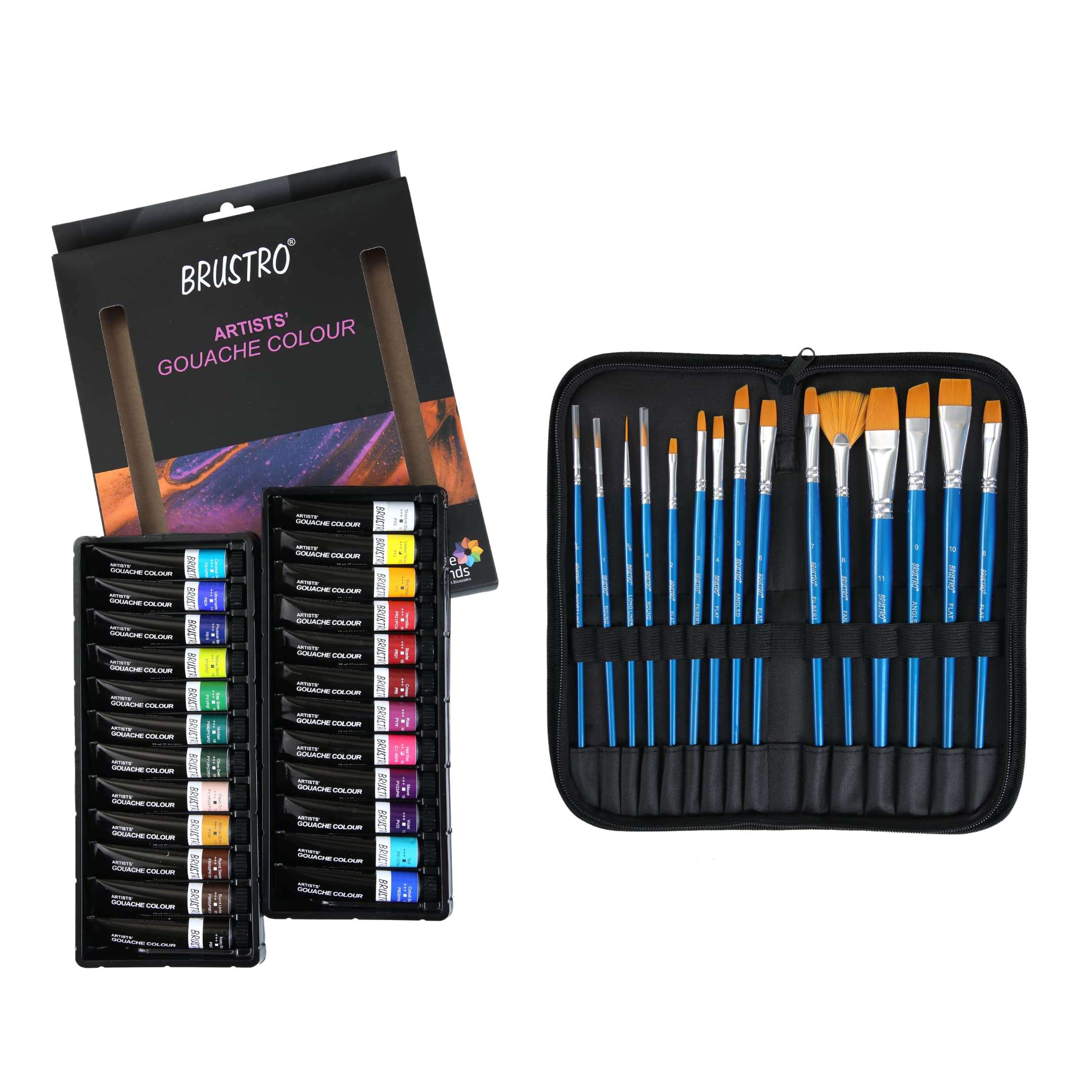 BRUSTRO Artists Gouache Colour Set of 24 (12ML Tubes Each) + Synthetic Brush Set of 15 1