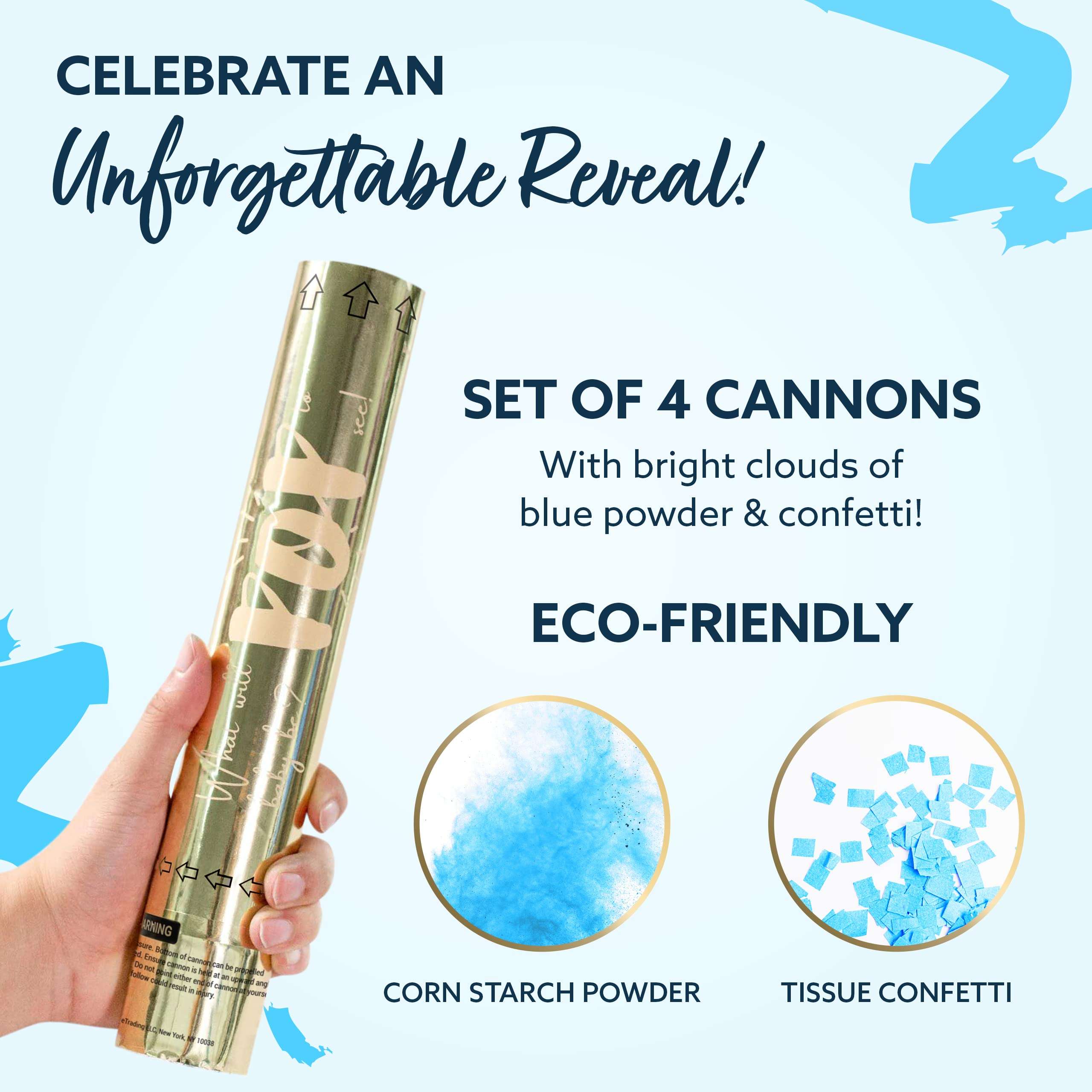 Revealations Gender Reveal Confetti Powder Cannon - Set of 4 Blue Baby Gender Reveal Party Supplies Confetti Poppers - 100% Biodegradable Tissue Safe Powder Smoke Cannons 2