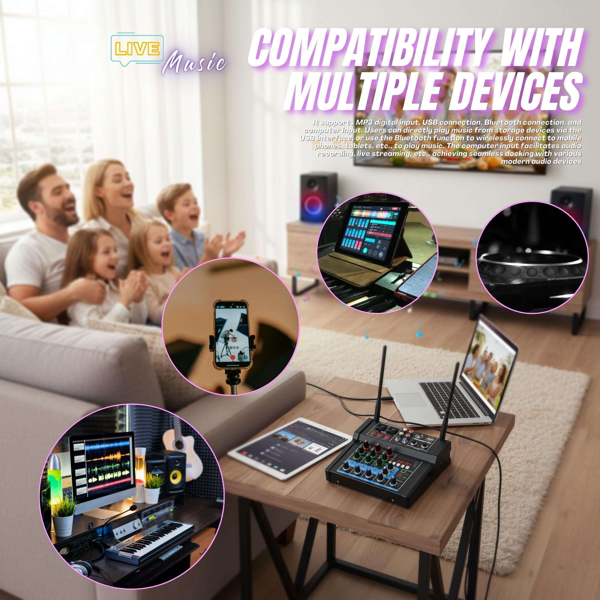 150W x2 Powered Amplifier Audio Mixer, 4 Channel Karaoke Mixer Sound Board with Dual Rechargeable Wireless Microphones, 48V Phantom Power, USB/Bluetooth/Type-C Audio, TV/PC/Phone/MP3 Stereo DJ Mixer 6