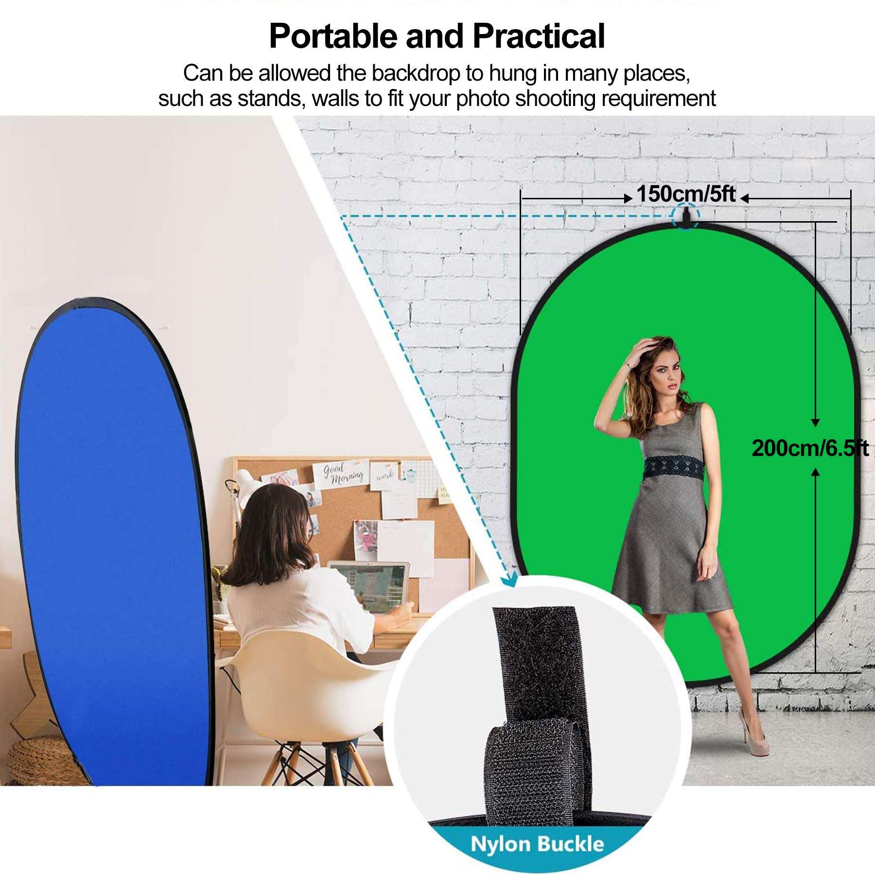 Chroma-Key Green Screen Backdrop, 5ft x 6.5ft Collapsible Green Background Panel, Chromakey Blue Backdrop for Photography, 2 in 1 Portable Foldable Lightweight Photo Video Studio Blue-Green Screen 2