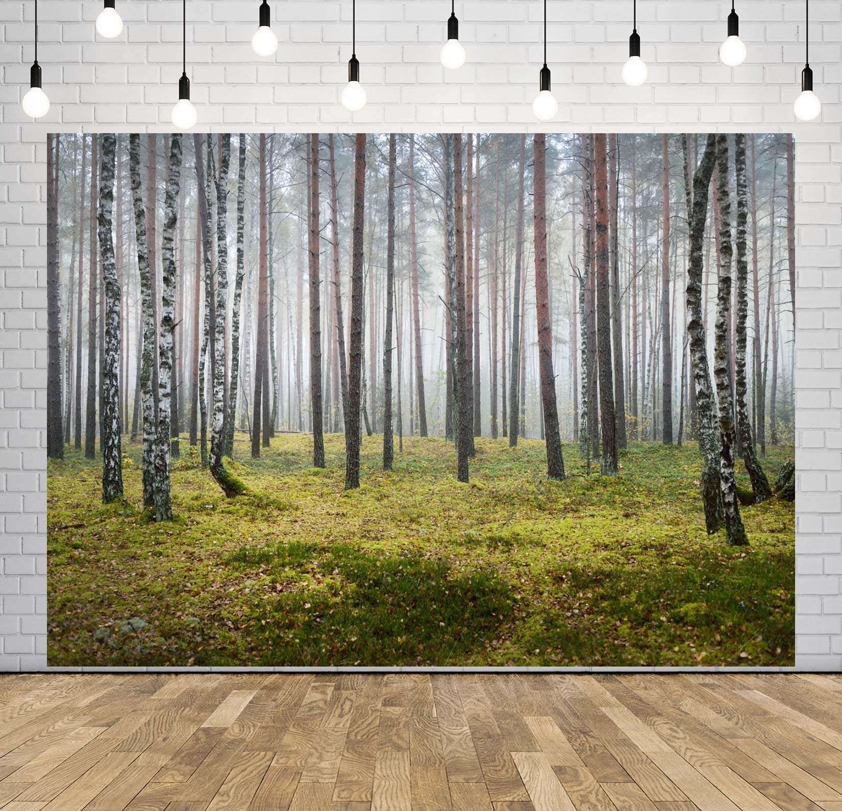 CORFOTO Foggy Forest White Birch Trees Backdrop Fabric 17x10ft Dark Spooky Grass Autumn Nature Scene Background for Fall Scenery Birthday Party Decorations Halloween Themed Photoshoot Props 4