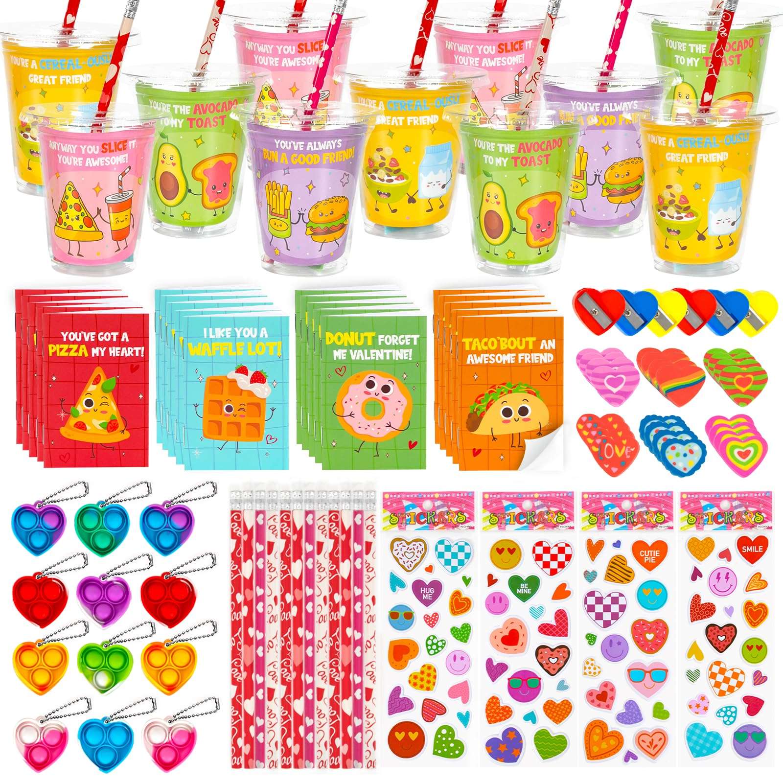 DAZONGE 24 Pack Valentines Day Gifts for Kids, Valentines Stationery Set with Pencil Notebook Pop Heart Keychain Sticker Eraser Sharpener, Valentines Day Cards for Kids Classroom Boys Girls 1