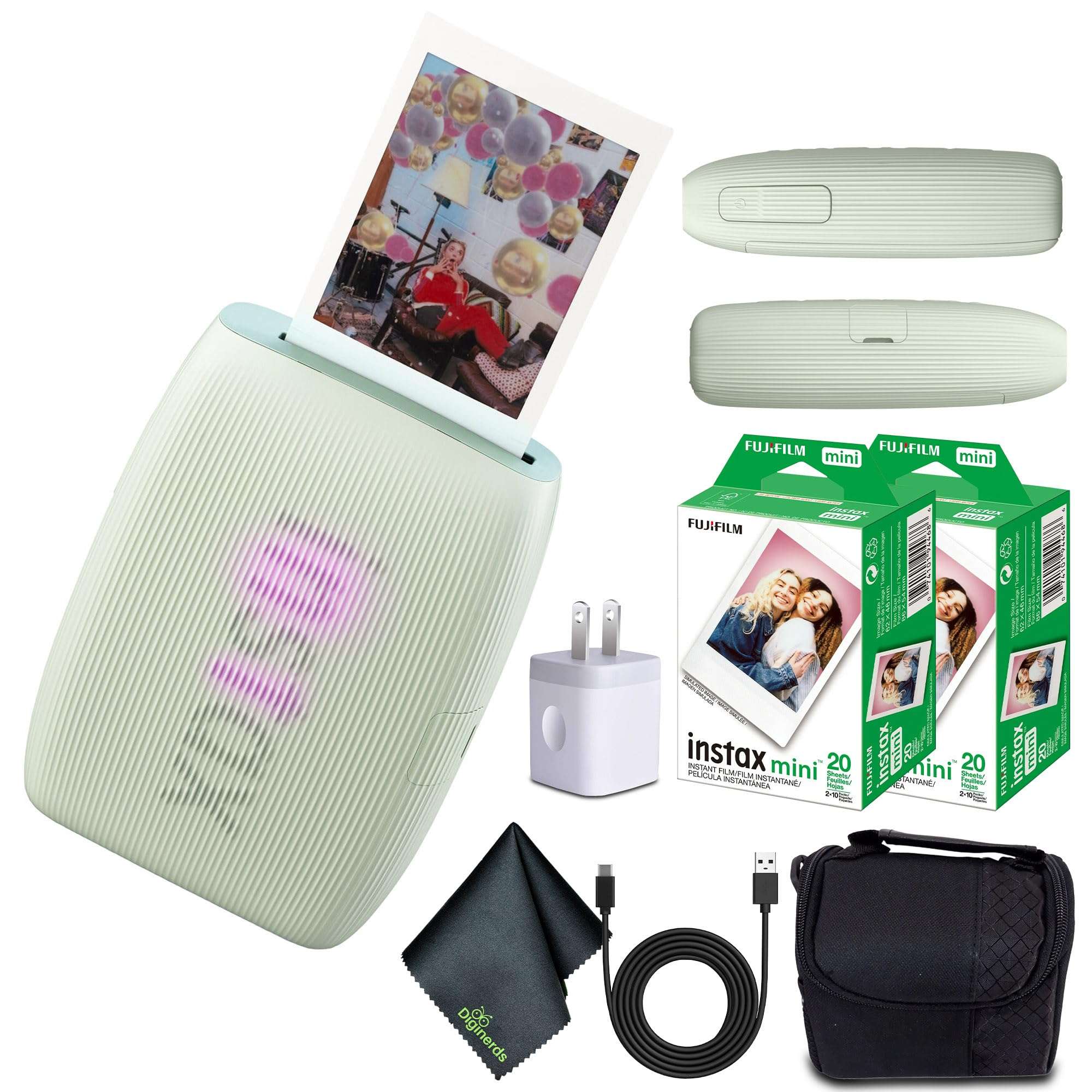 Fujifilm INSTAX Mini Link 3 Smartphone Printer (Sage Green) + Travel Bag Small + 2X INSTAX Mini Instant Film (40 Sheets) + USB Power Charging Adapter + Diginerds Microfiber Cleaning Cloth 1