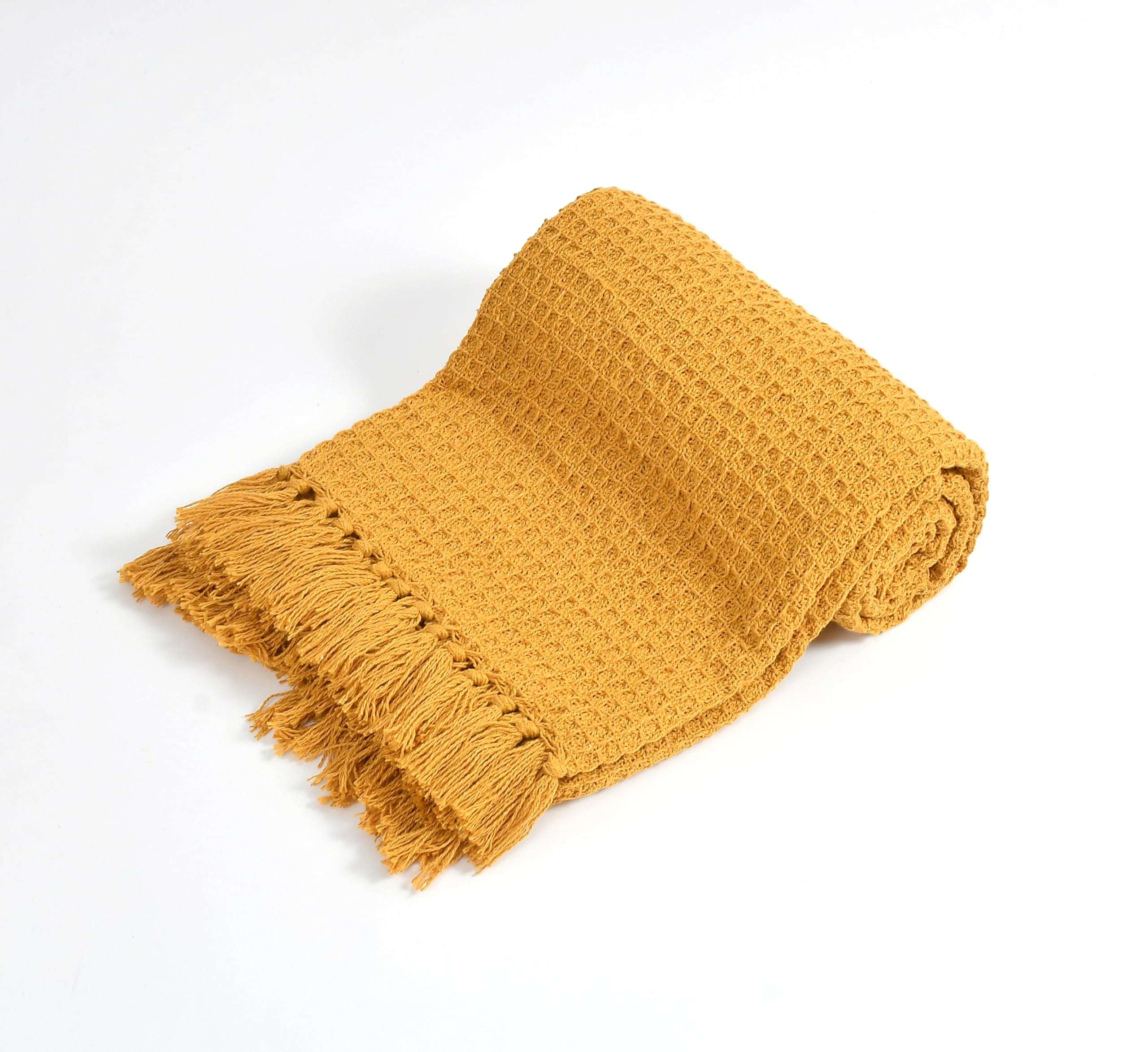 TIB Cotton Throw Blanket,125x150 cm, Throws for Sofa and Couch 3 Seater 120 TC with Fringes, (Mustard)| TC - 120 4