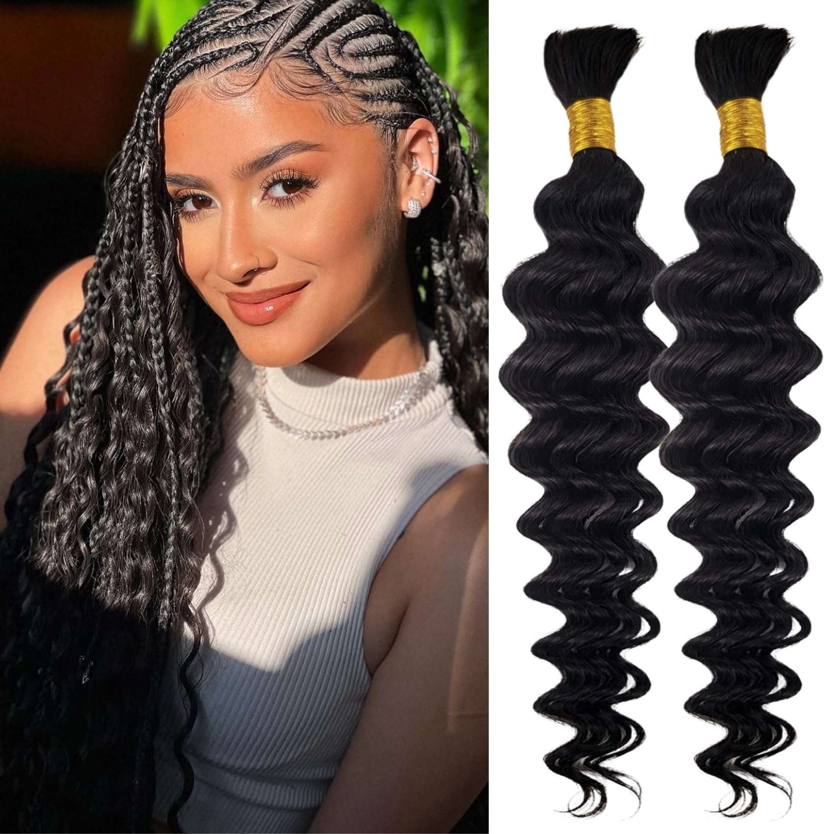 Deep Wave Human Braiding Hair for Boho Braids 1b Black Curly Human Hair Bundles for Braiding 2 Bundles/Pack 20Inch 1