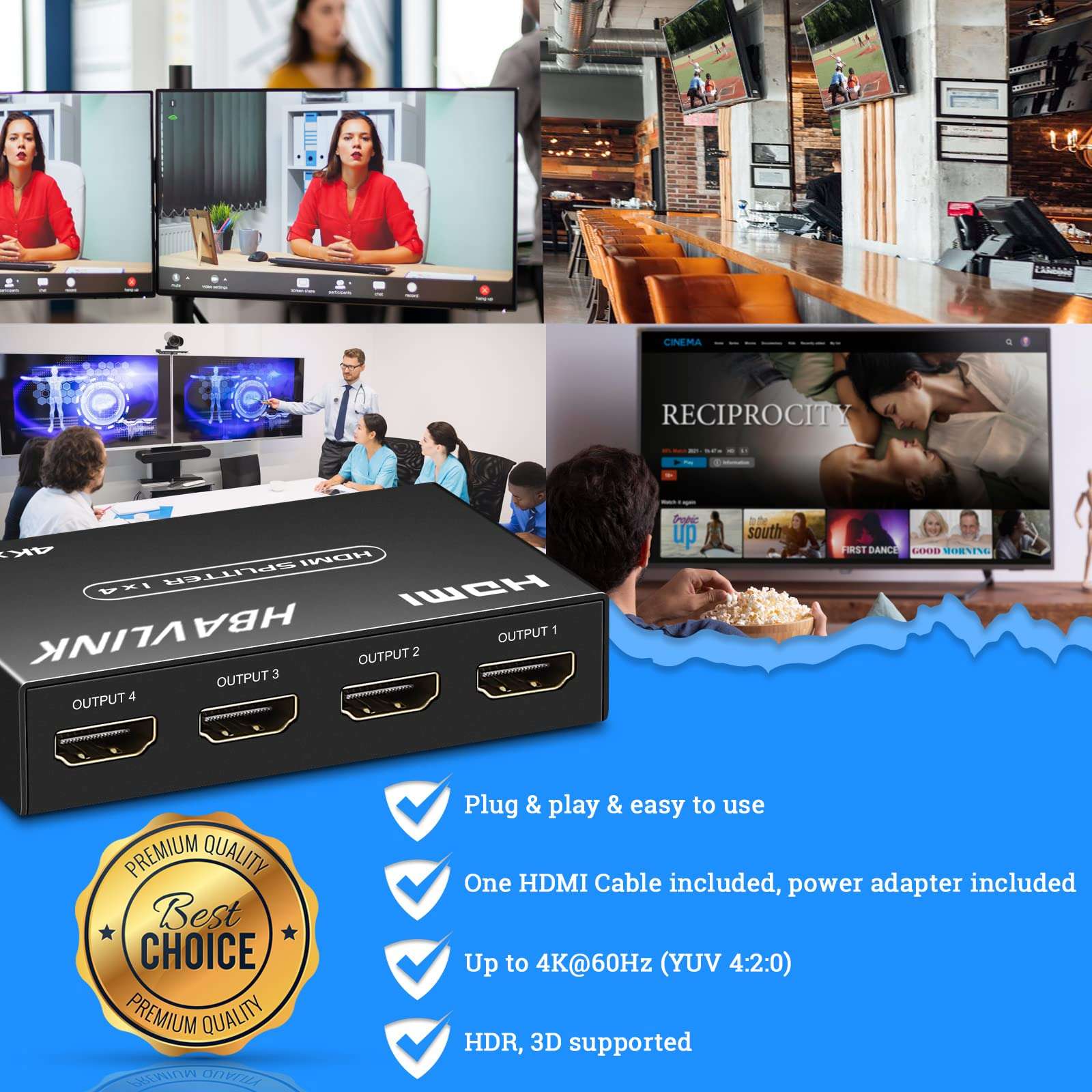 HDMI Splitter 1 in 4 Out 4K 4 Port HDMI Splitter Powered Video Splitter 4 Outputs w/HDMI Cord+ AC Adapter Duplicate/Mirror Screens for Fire Stick/Roku/DirecTV/Cable Box/Security Cameras 6