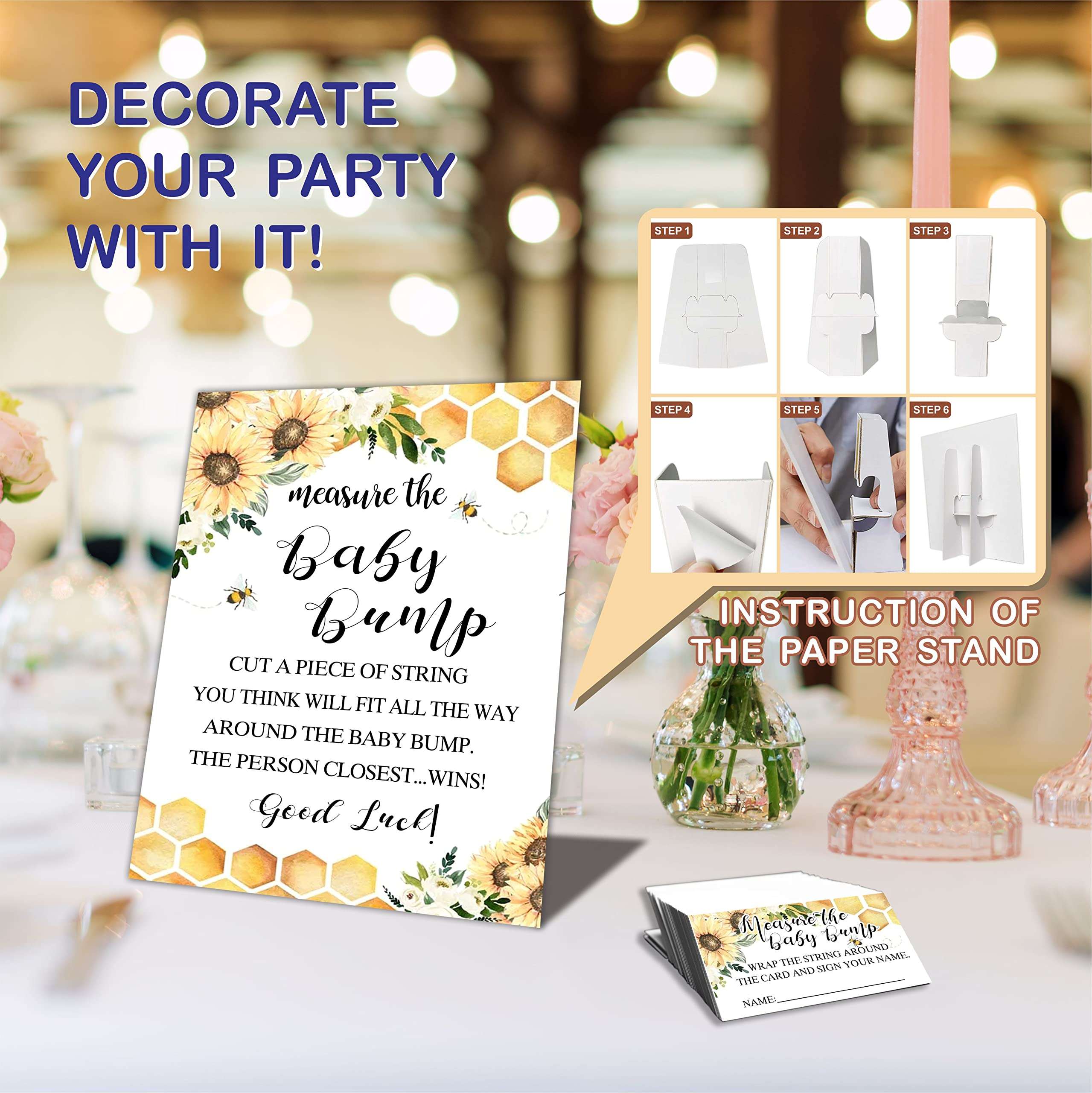 DZIMY Baby Shower Measure The Baby Bump Kit - Bee & Sunflower Guess, How Big Is Mommy's Belly - 1 Sign & 50 Tickets，Decorations For Gender Reveal & Baby Announcement, Party Favor & Supplies-DWLK-B03 4