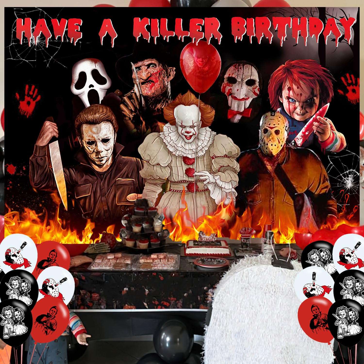 Have a Killer Birthday Party Decoration,Horror Movie Party Photo Background 5 x 3 FT and 18 Pcs Balloon,Halloween Merch Party Backdrop Supplies 5