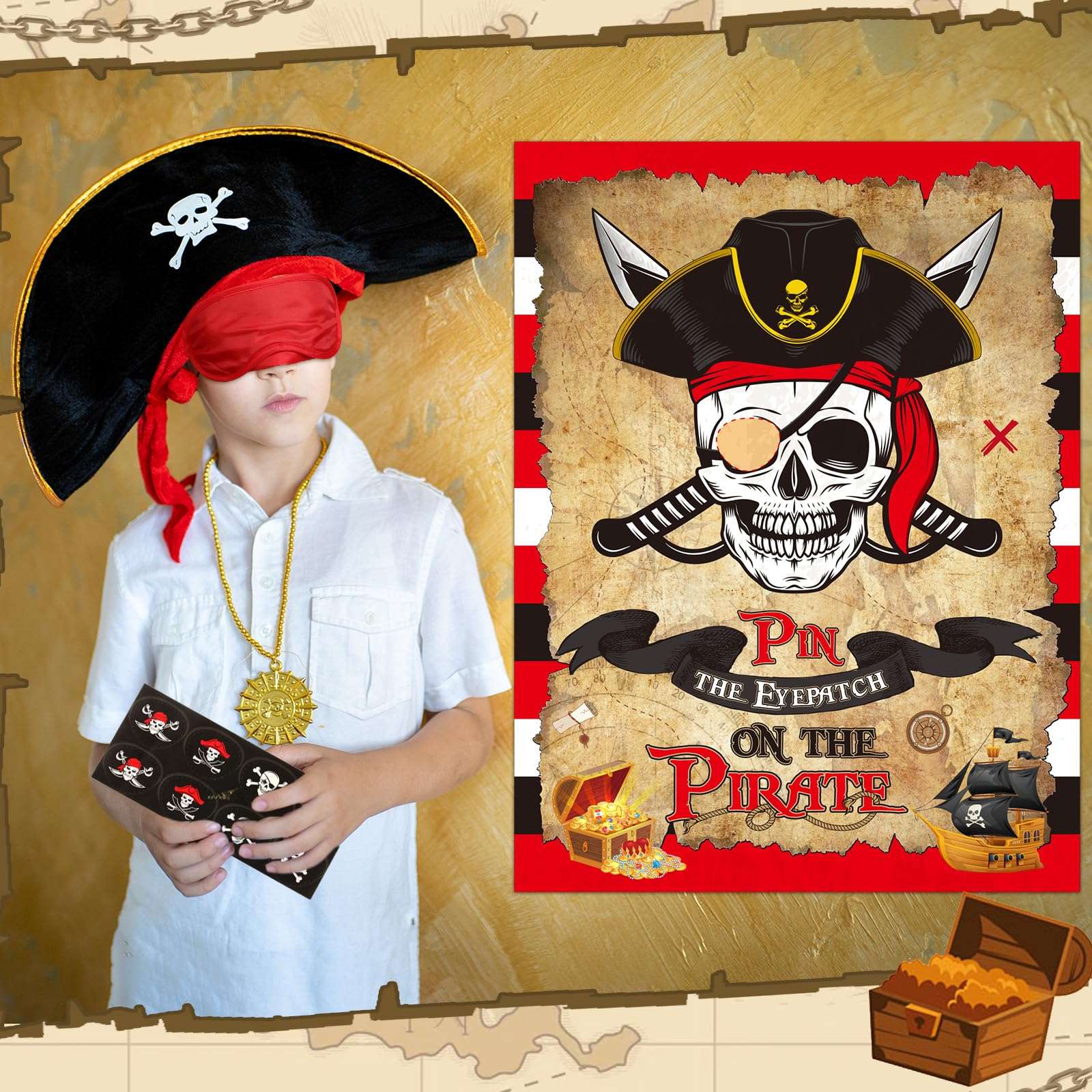 Faccito Pirate Party Games Pin The Eye Patch On The Pirates Birthday Party Decorations Pin The Pirate Include Pirate Poster 24 Sticker and Blindfold for Boys Girls Pirate Party Supplies Decoration 6