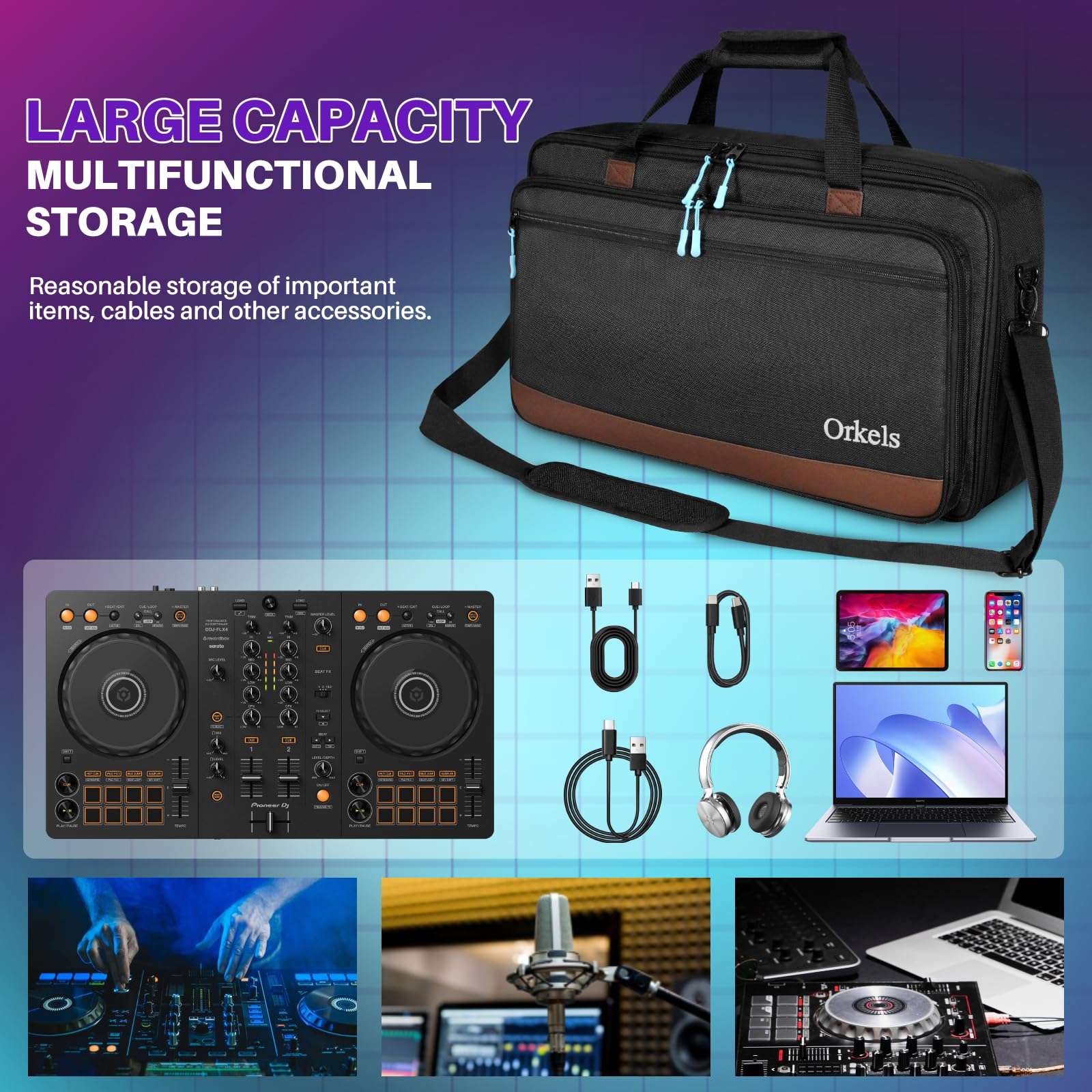 ORKELS DJ Controller Case for Pioneer SR/SR2/RR/DDJ-REV1/Denon MC4000/Numark NVII/Mixtrack Pro 3 & NV - Travel Bag with Strap for Controller, Laptop, Accessories, 22.8''x4''x14.6'' 6