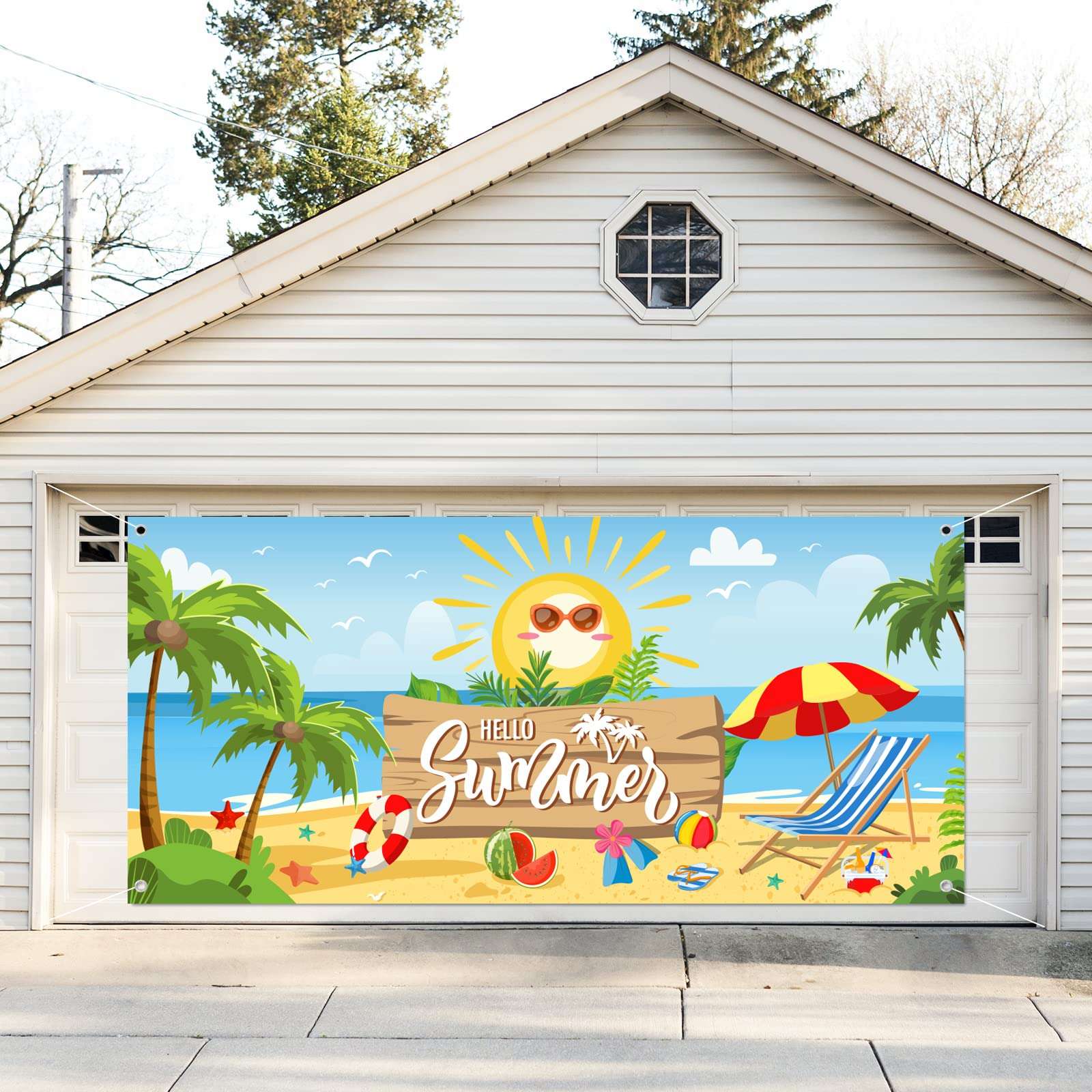 Whaline Hello Summer Garage Door Banner Beach Scenery Garage Door Cover 6x13Ft Summer Backdrop Decoration for Hawaiian Pool Party Indoor Outdoor Wall Door House Background Decor 6