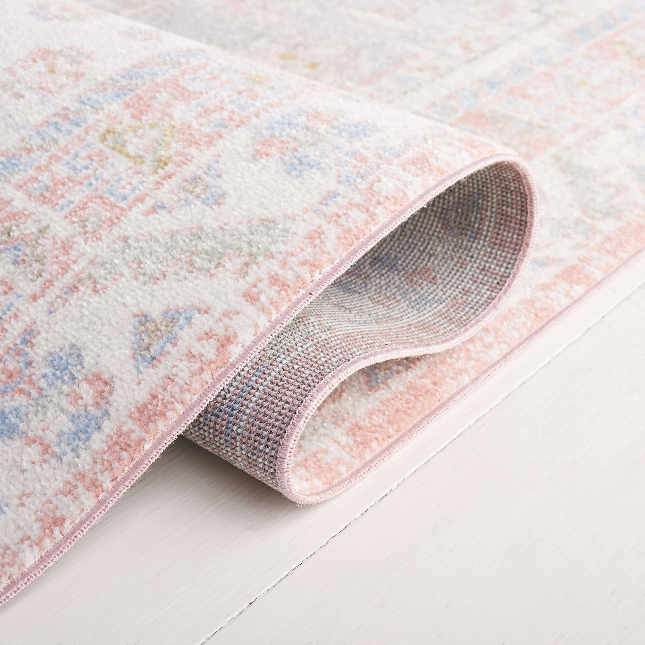 SAFAVIEH Washable Rug Bayside Collection - 4' x 6', Ivory & Blue Pink, Easy Cleaning, Ideal for in Living Room, Bedroom, Home Office, Dining Space (BAY118A) 6