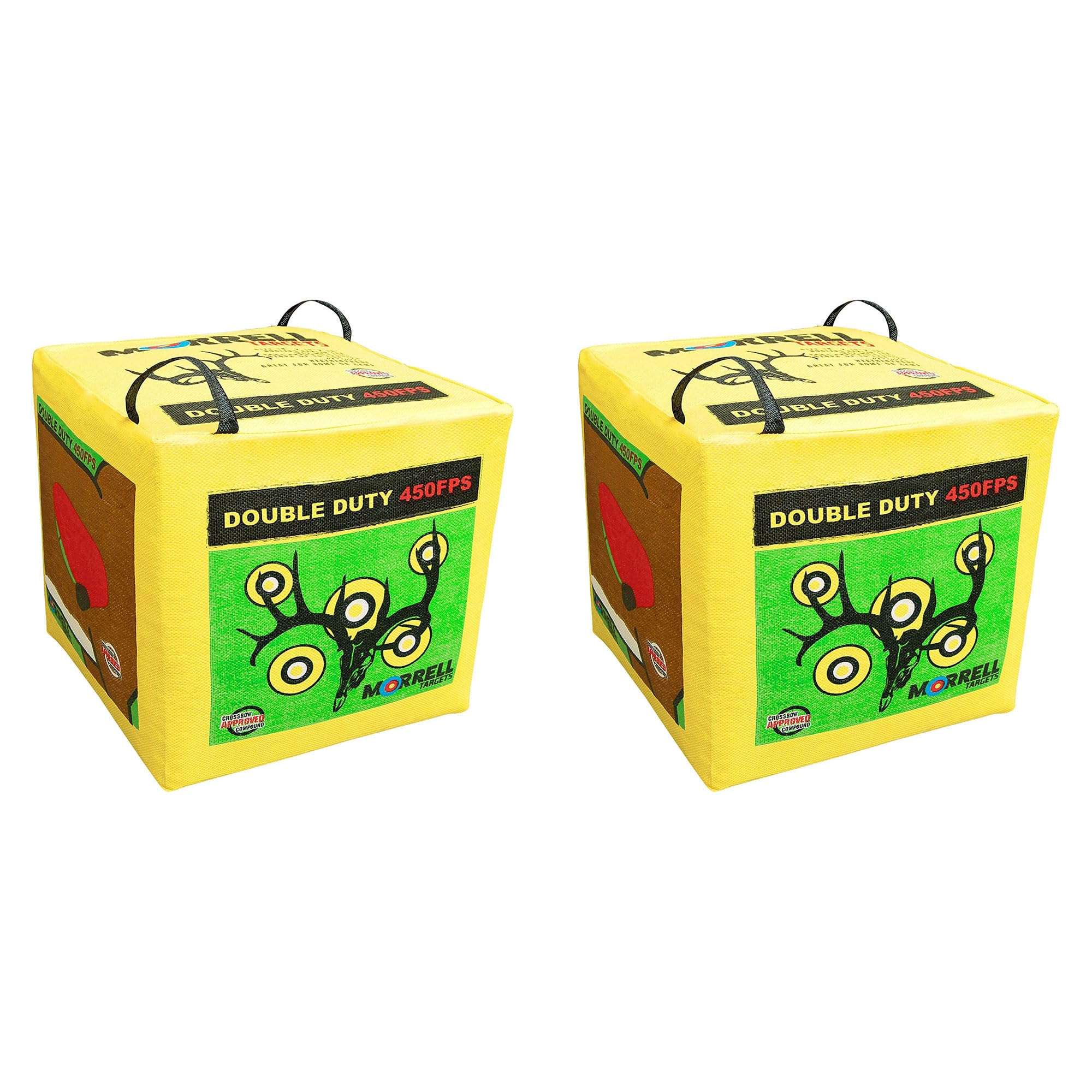 Morrell Double Duty 450 FPS Cube Field Point Archery Bag Target with Traditional Bullseyes, Nine-Ball, Dartboard Game, and Deer Vitals, 2 Pack, Yellow