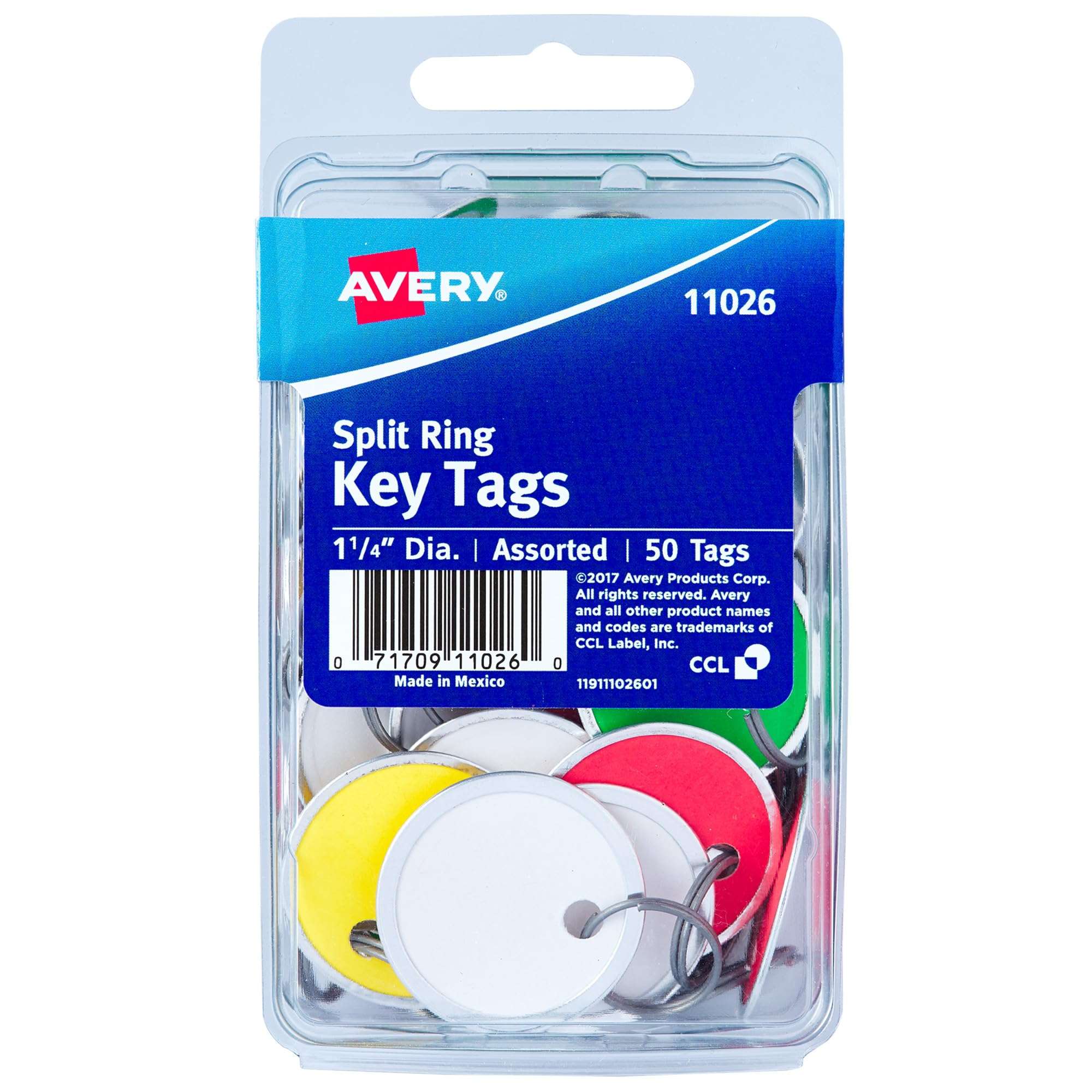 Avery Metal Rim Key Tags, 1.25" Diameter Tag, Metal Split Ring, Assorted Colors, 50 Tags (11026) 1