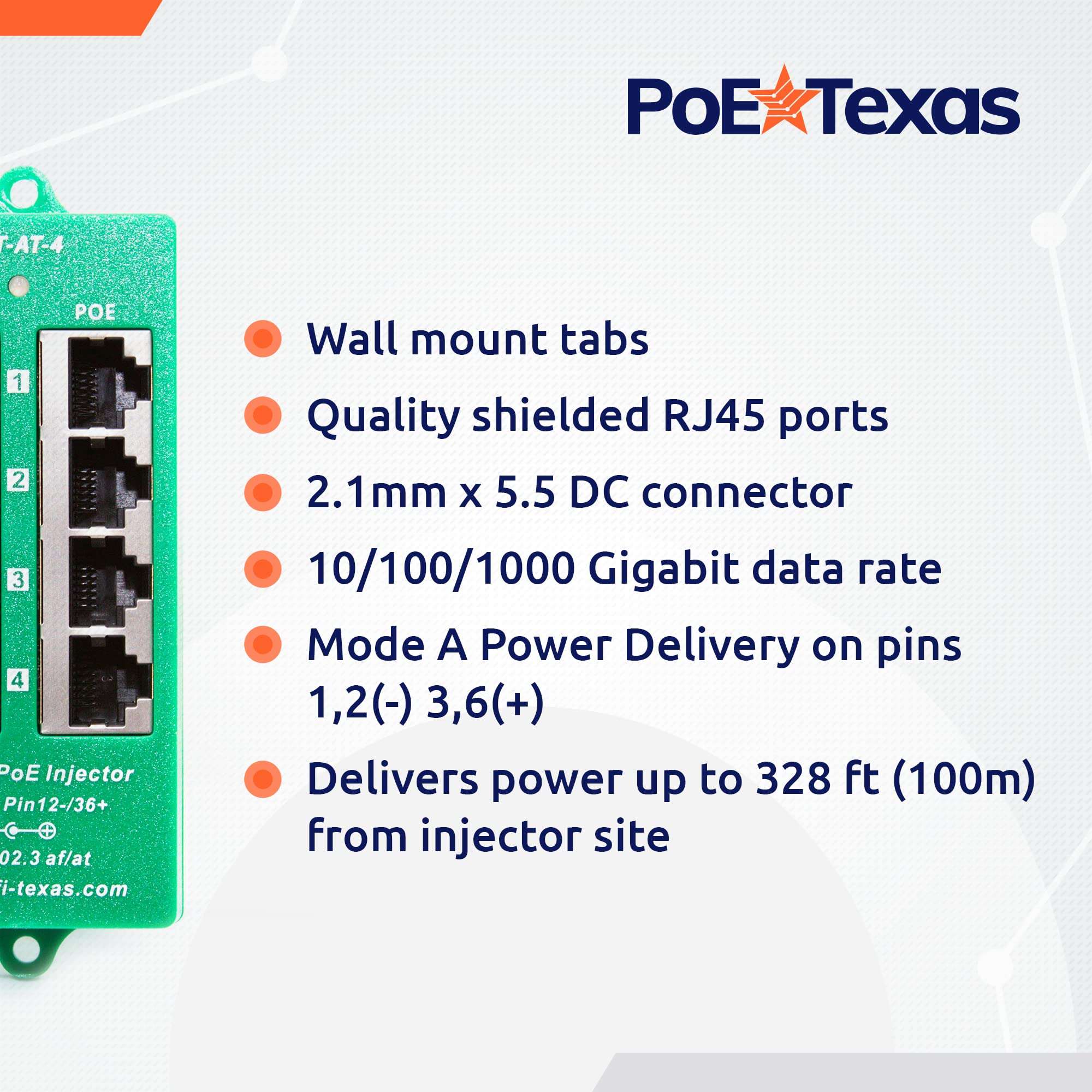 PoE Texas 4 Port PoE/PoE+ Injector with 56V 120W Power Supply - Gigabit Injector - Active Mode A Power Over Ethernet Multi Port PoE Adapter - Supports 4 PoE (802.3af or at) up to 120 watts 4