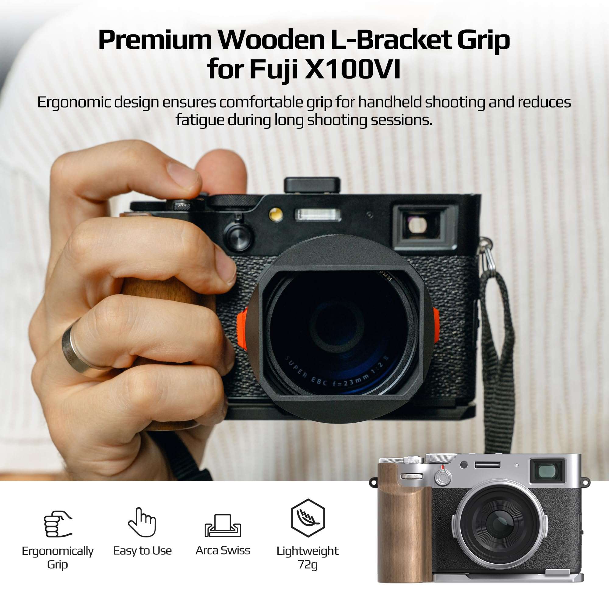 FREEWELL Premium Wooden L Bracket Handheld Grip with Quick Release Plate – Arca Compatible for Fuji X100VI (Black) 3