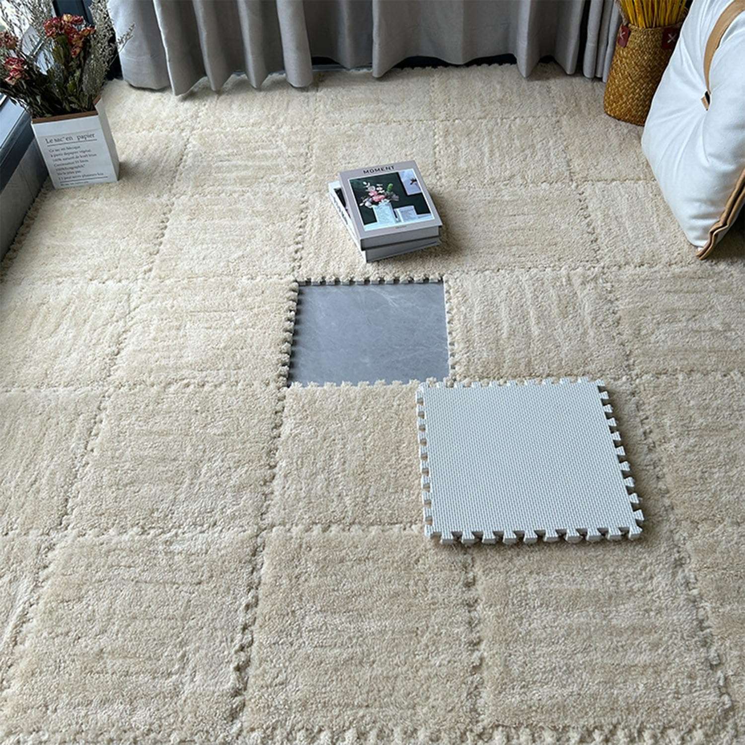 16 Pcs Shaggy Interlocking Foam Carpet Tiles - 12" x 12", 16 Sq,Ft Kids Carpet Squares Protective Floor Mats Crawling Exercise Area Rugs for Children Room, Home or Classroom Use, Khaki 4