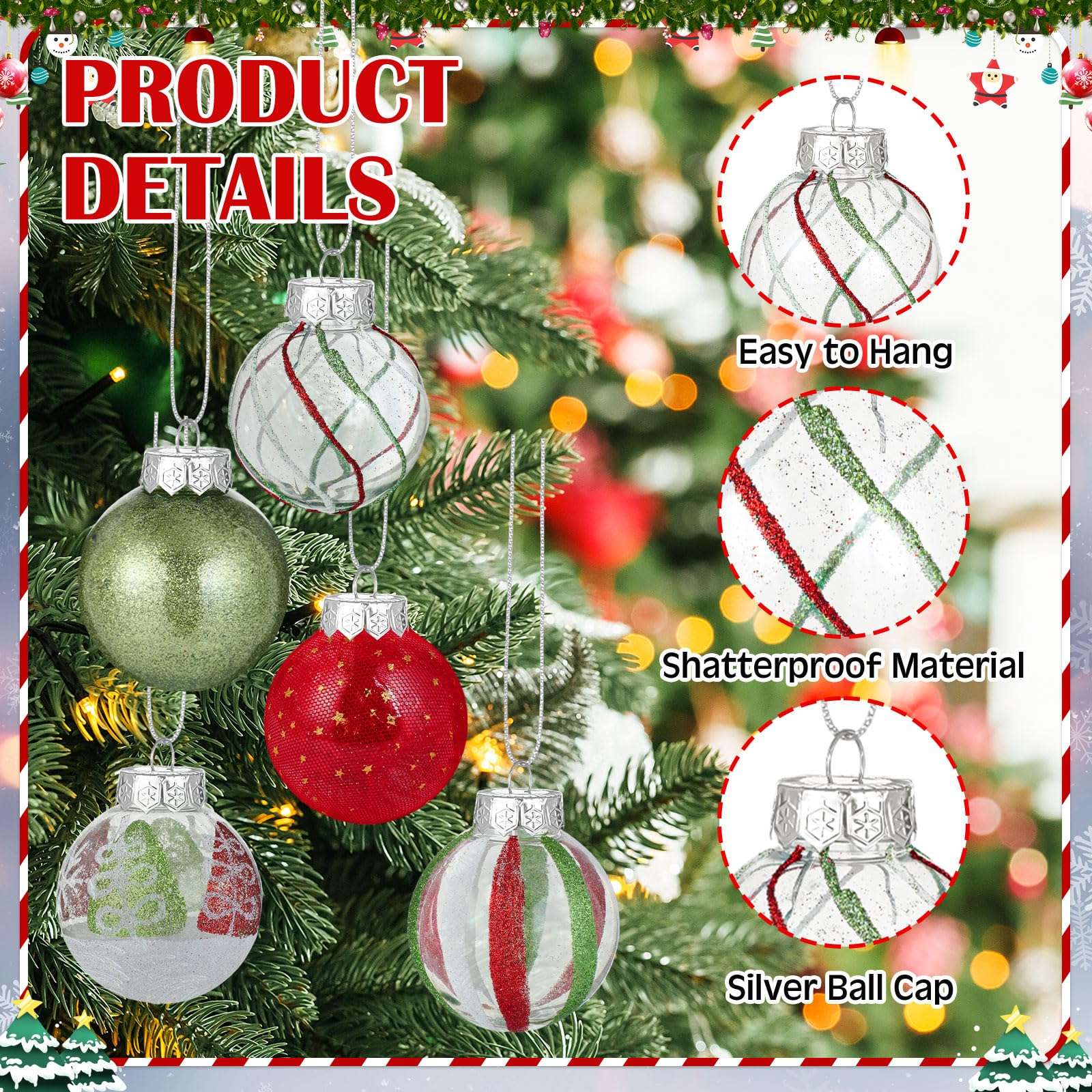 Realspring 60 Pcs 2.4" Christmas Balls Ornaments Bulk, 2024 Red Green and White Ornaments for Christmas Tree Decorations Glittery Plastic Shatterproof Hanging Balls for Xmas Home Party Decor 4