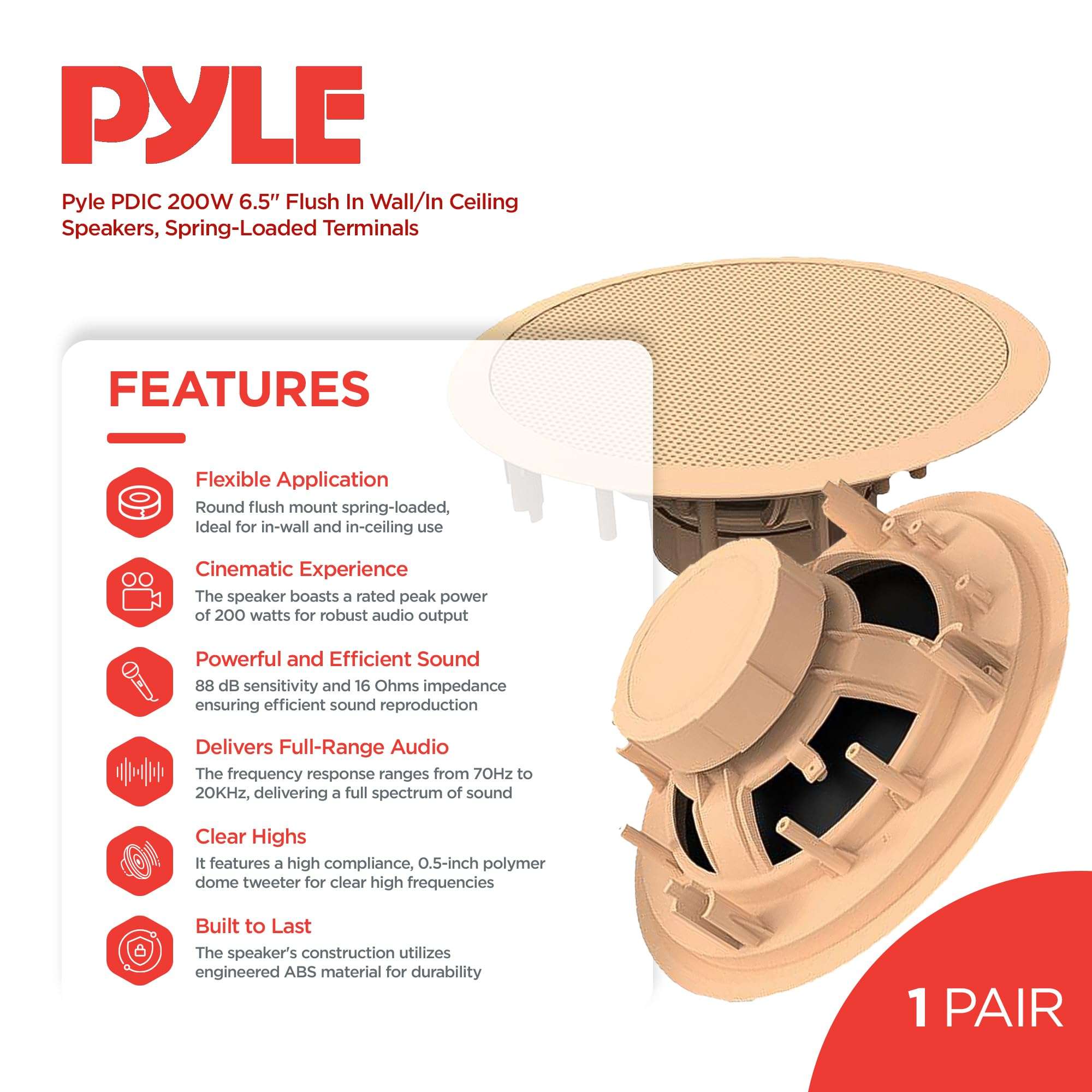 Pyle 1 Pair Speakers, 200W 6.5" Flush Mount in Wall/in Ceiling Speakers with Spring-Loaded Terminals, PDIC Series, Tan 3