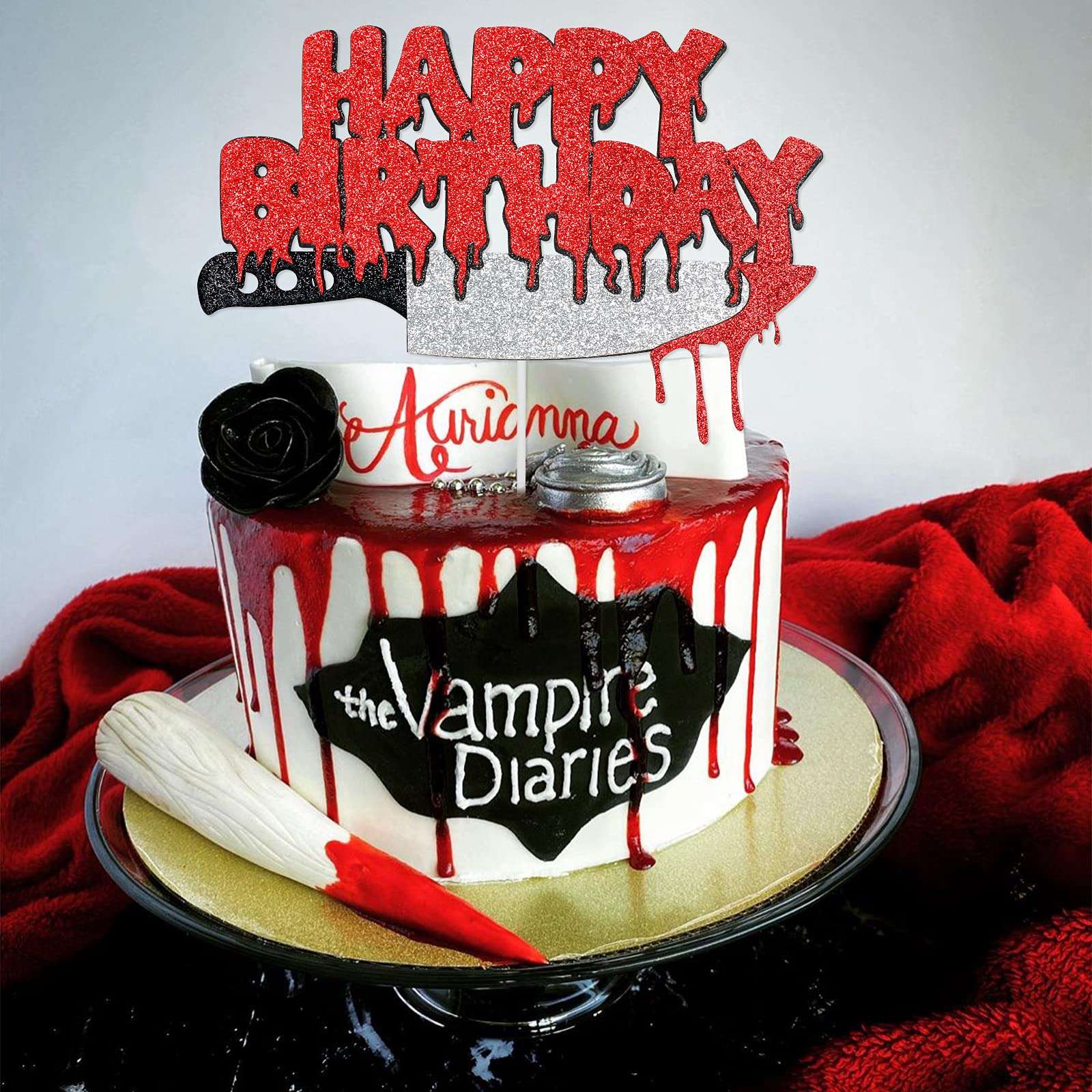 Red Happy Birthday Halloween Cake Topper, Halloween Horror Zombie Birthday Cake Topper Halloween Bloody Horror Movie Birthday Party Cake Decorations 2