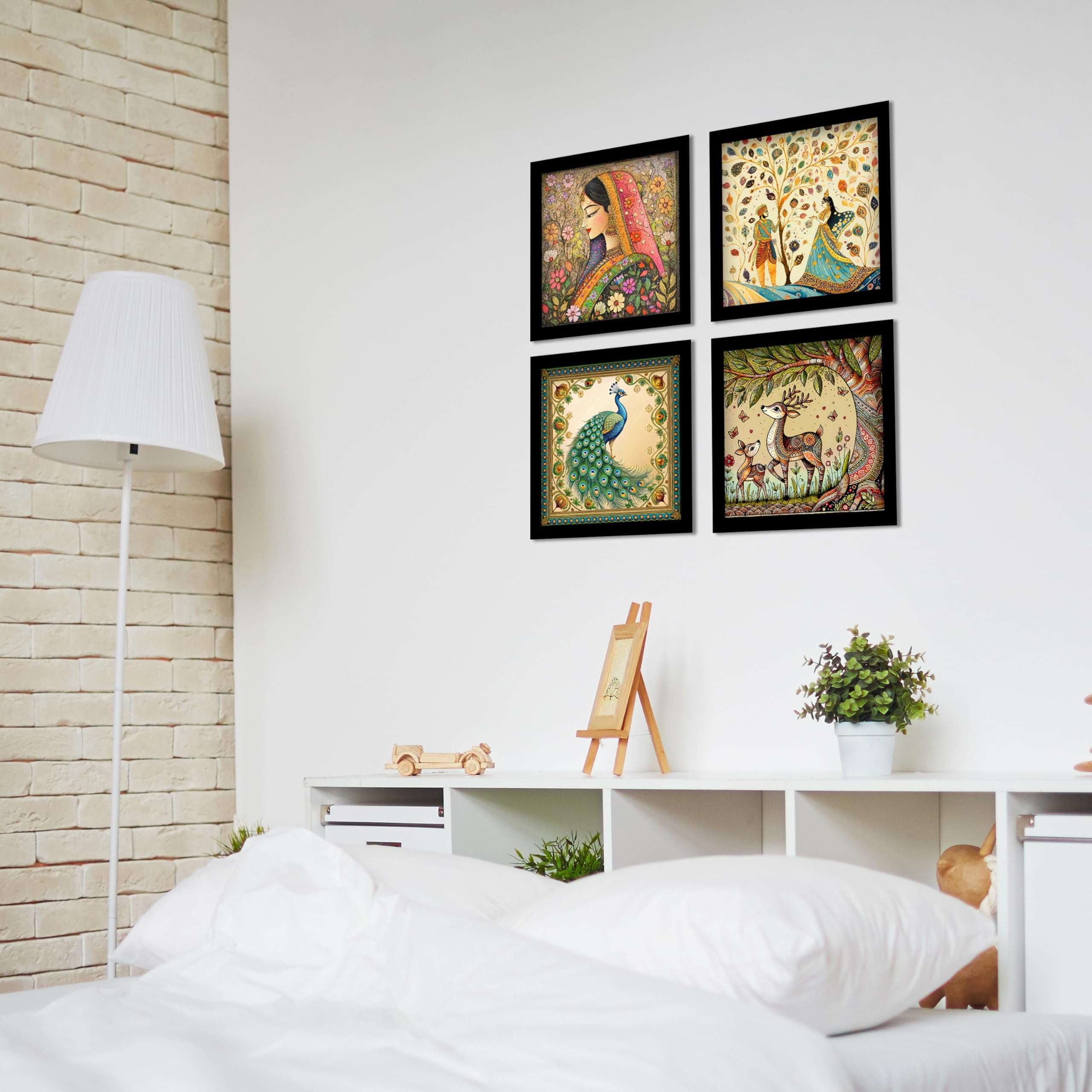 Rousrie Madhubani Art Framed Painting For Home, Living Room, Hall | Traditional Rajasthani Pichwai Art Paitnings With Frame For Home Decor (Set Of 4) 4