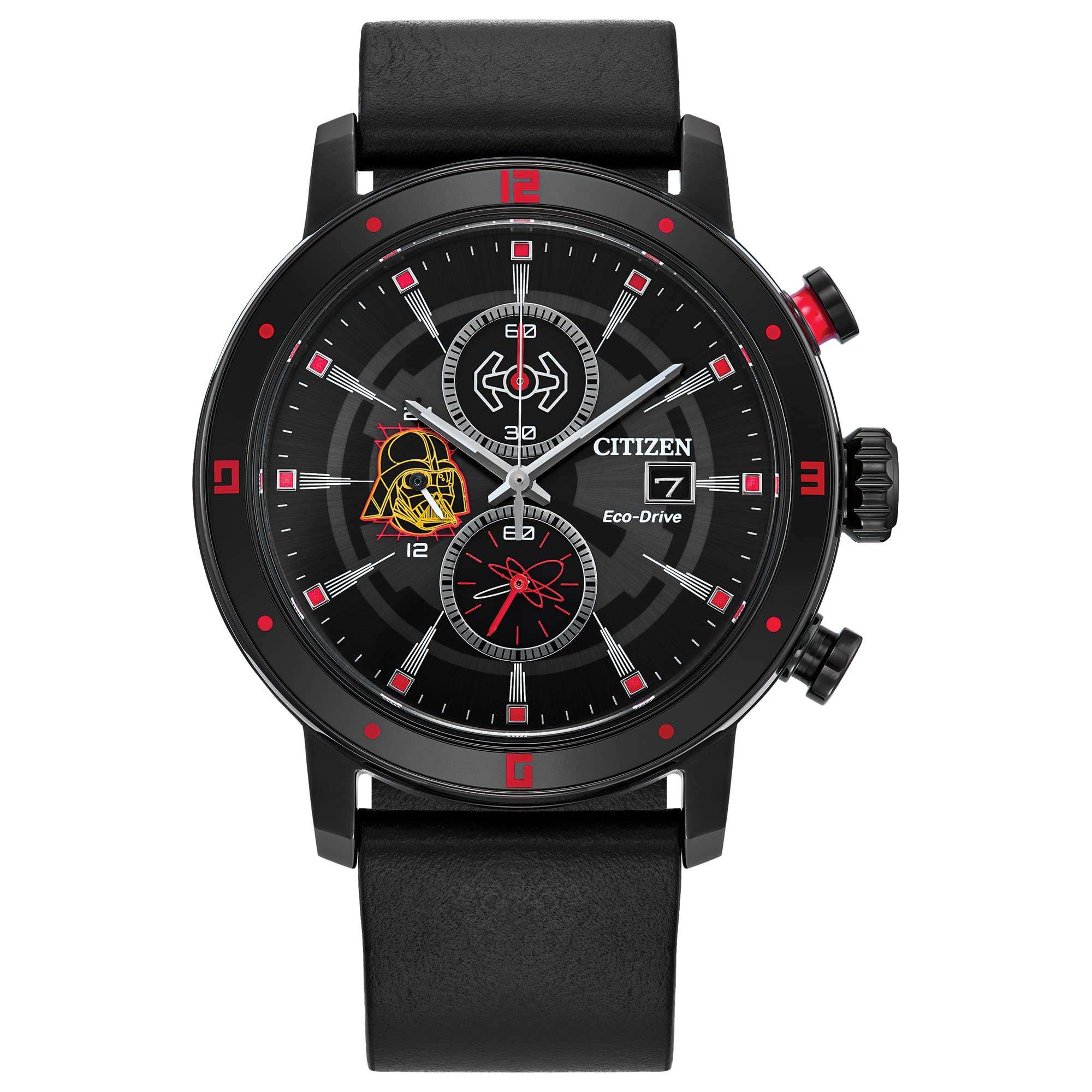 Citizen Eco-Drive Men's Star Wars Darth Vader Chronograph Watch with Black Ion Plated Case, Red Accents and Black Leather Strap, Luminous, Date, 44mm (Model: CA0769-04W) 1