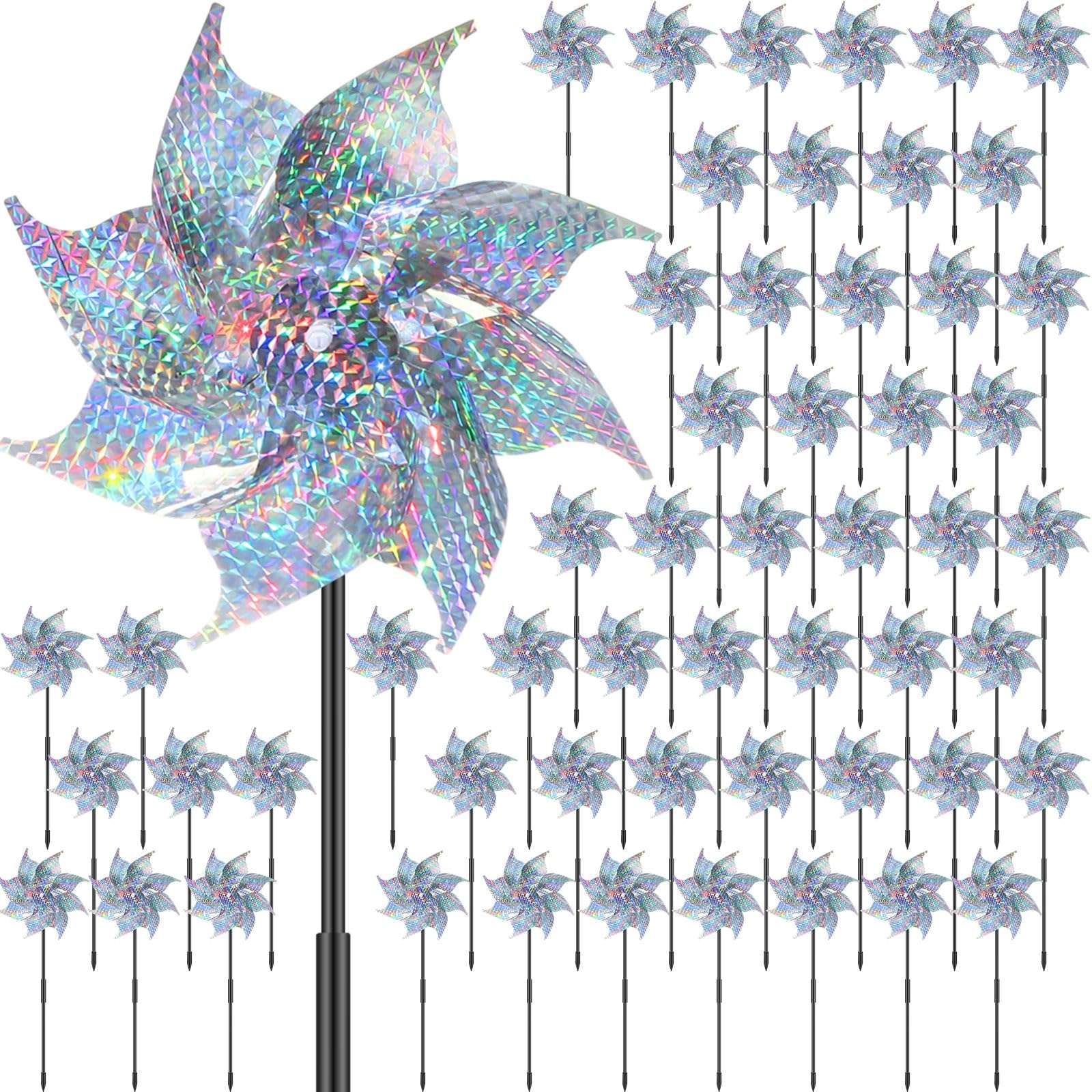 Qualirey 80 Pieces Reflective Pinwheels with Stakes Wind Spinner for Garden Decor Bird Repellent Devices Outdoor Silver Sparkly Windmills to Scare Birds Away from Outside Garden Yard Patio Farm 1
