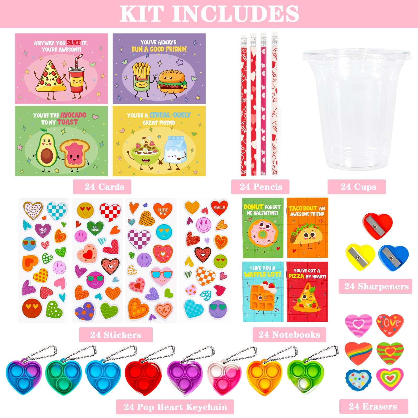 DAZONGE 24 Pack Valentines Day Gifts for Kids, Valentines Stationery Set with Pencil Notebook Pop Heart Keychain Sticker Eraser Sharpener, Valentines Day Cards for Kids Classroom Boys Girls 3