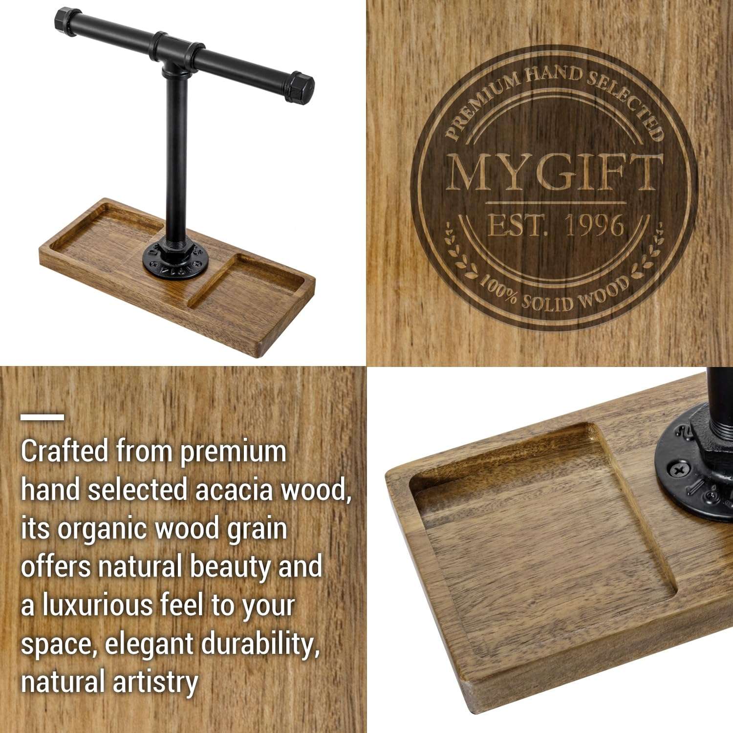 MyGift Premium Acacia Solid Wood and Industrial Black Metal Pipe T-Bar Over Ear Headphones Holder, Tabletop Dual Headphone Display Stand with Accessories Tray 6