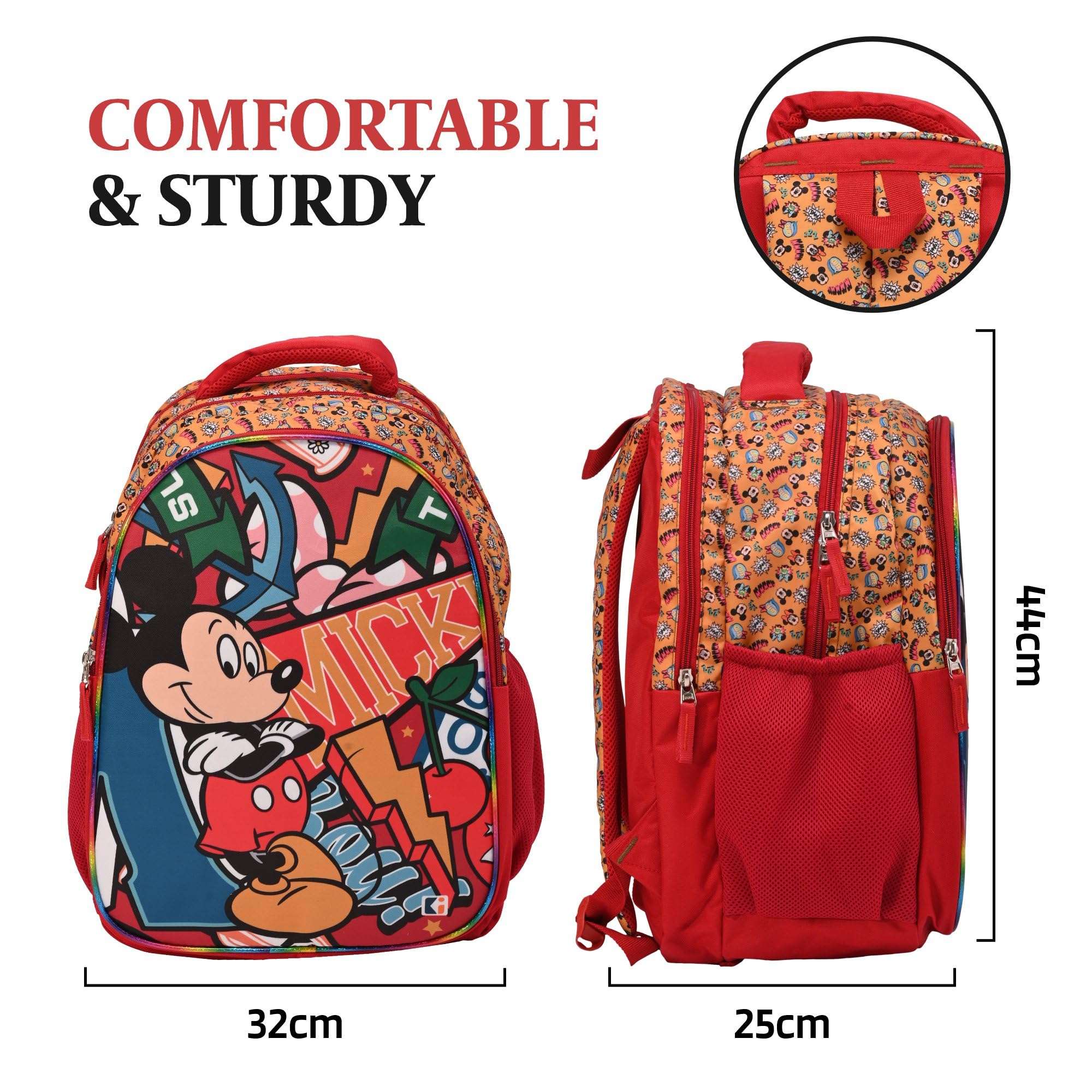 Kuber Industries School-College Bag | Disney Mickey Boy Backpack for Boys and Girls | 4 Compartment Travel Backpack | Water Resistant Bookbag | Bag for Daily Routine | Laptop Bag | Large | Red 4