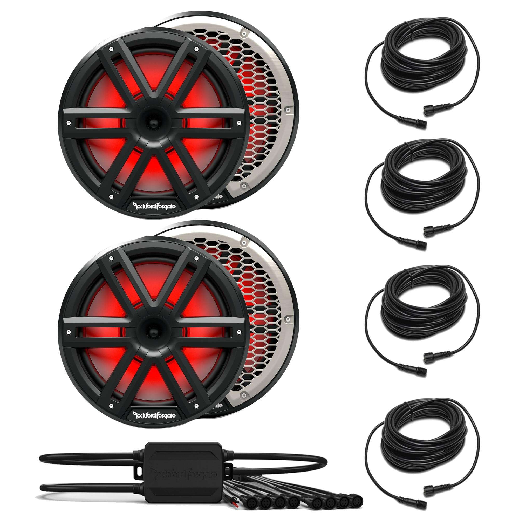 Rockford Fosgate 2 Pair M2-10HB M2 Series 10" Horn Marine Black & Stainless Grilles Included + (1) PMX-RGB Optix Light Controller + (4) RGB-25 25' Extension Cable 1