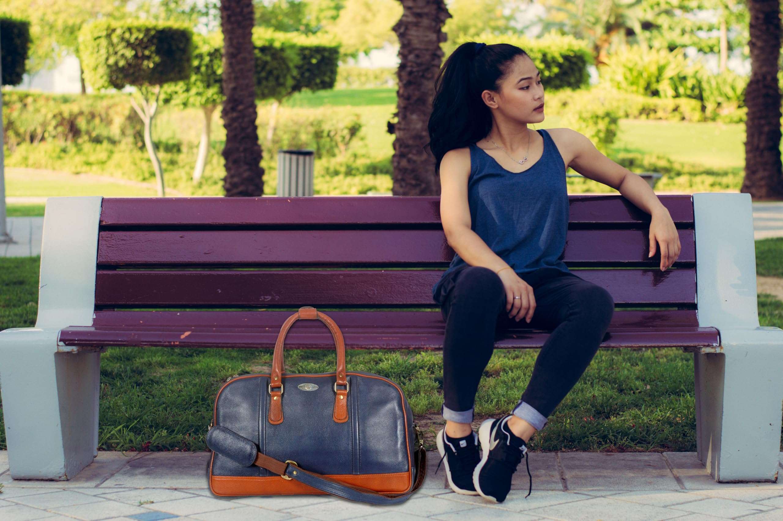 GATUDI ART CRAFT 100% Pure Leather Traveling bag Overnighte Suitcaser Weekend Trip Cabin Luggage Bag for Men & Women (Blue & Brown) Waterproof Strolley Trolley Bags Lightweight 3